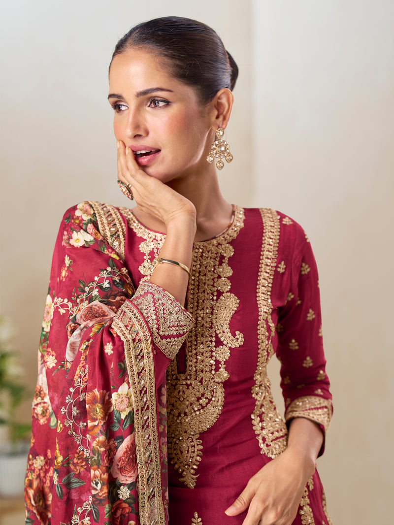 Elegant Maroon Floral Printed Sharara Suit with Designer Lace Dupatta

