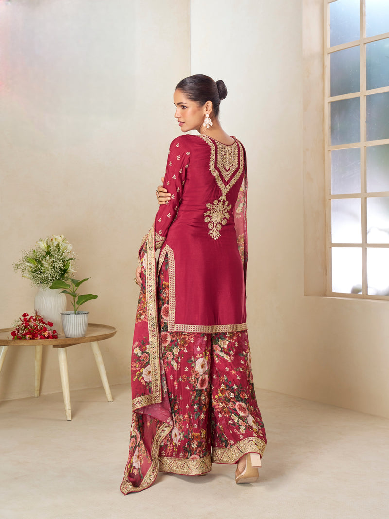 Stylish Festive Wear Maroon Printed Sharara Suit with Handmade Latkan Dupatta