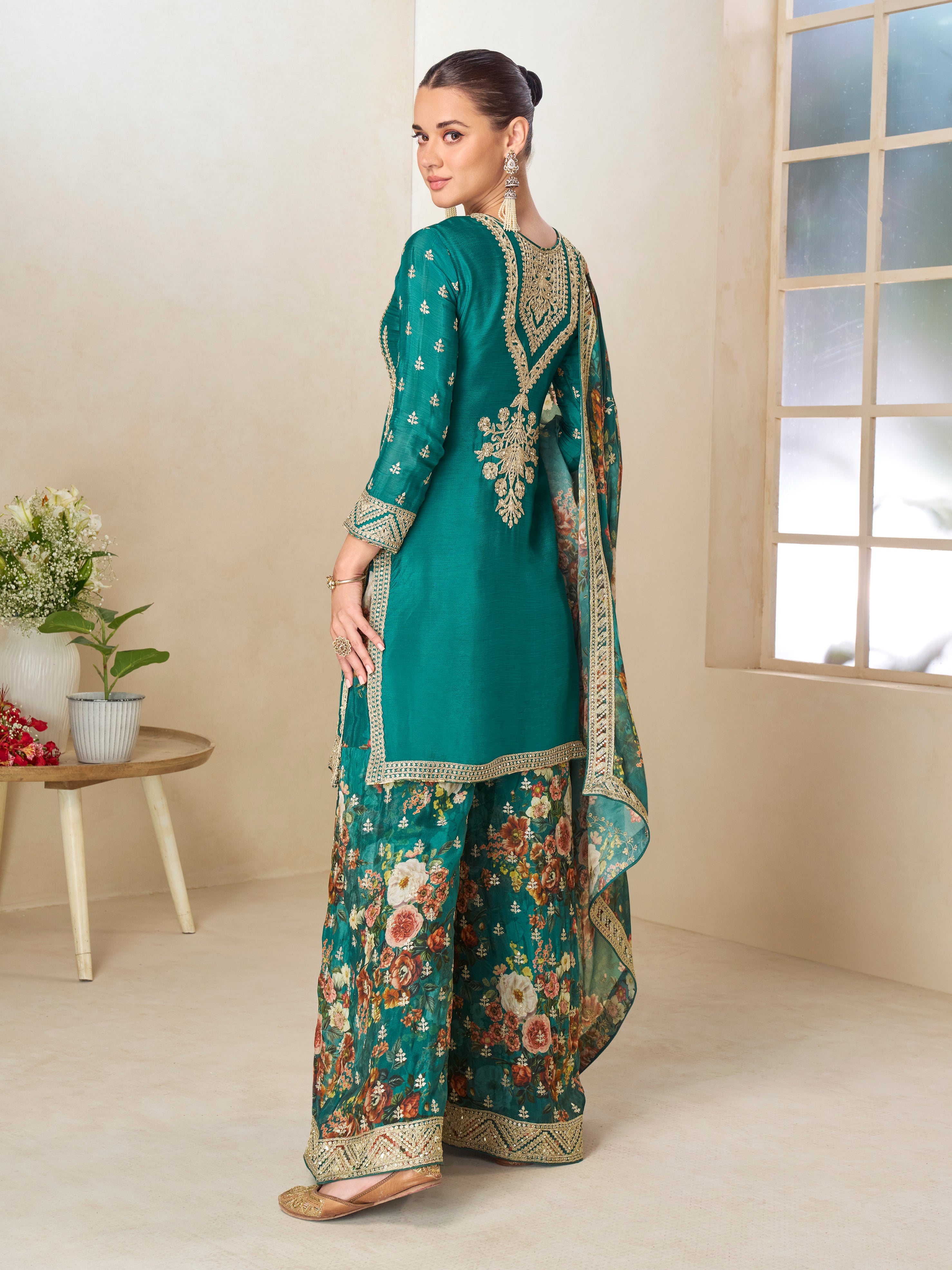 Designer Floral Printed Teal Green Sharara Suit with Handmade Latkan Dupatta


