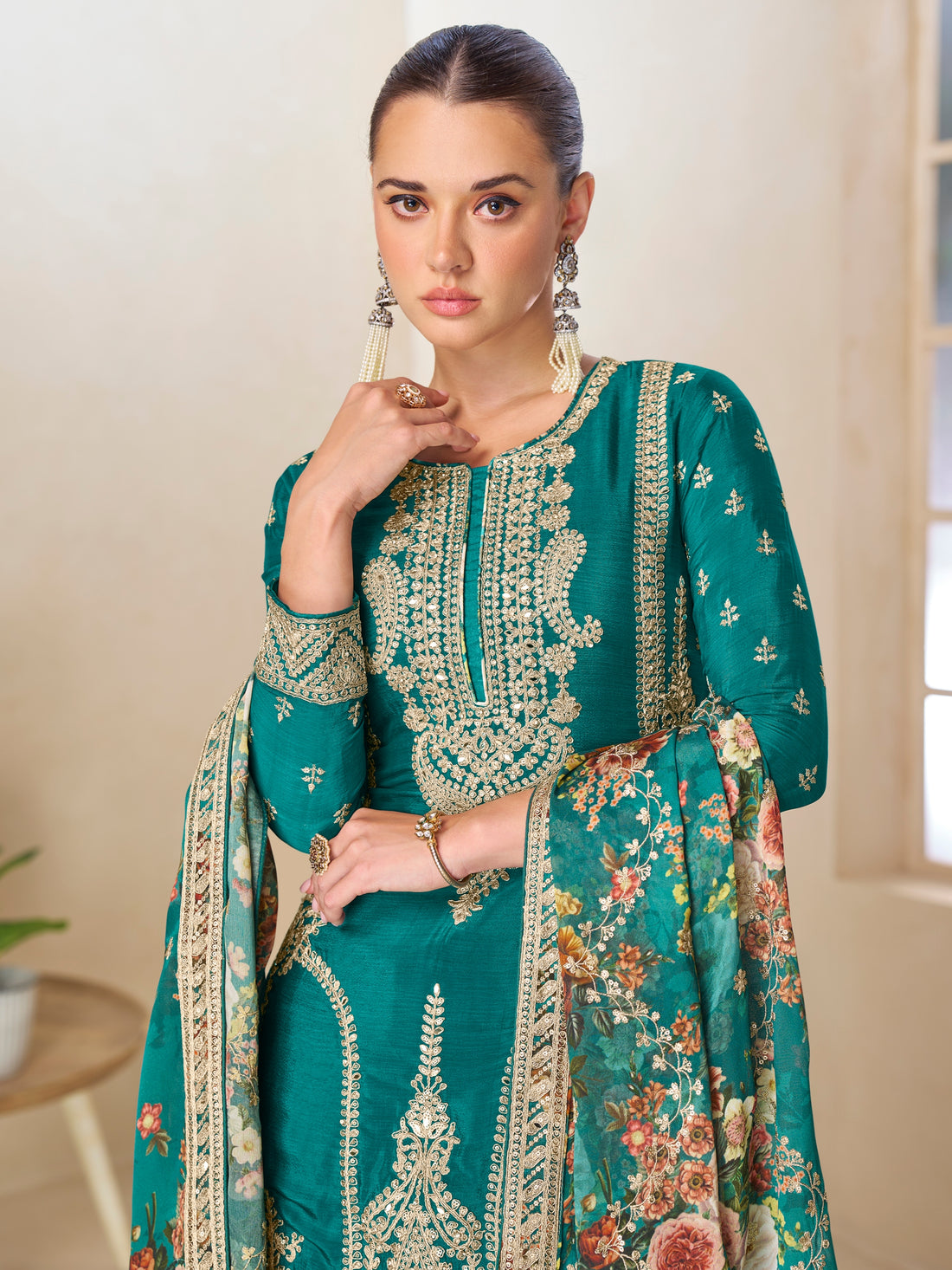 Teal Green Floral Printed Chinnon Silk Sharara Suit Set for Festive Wear

