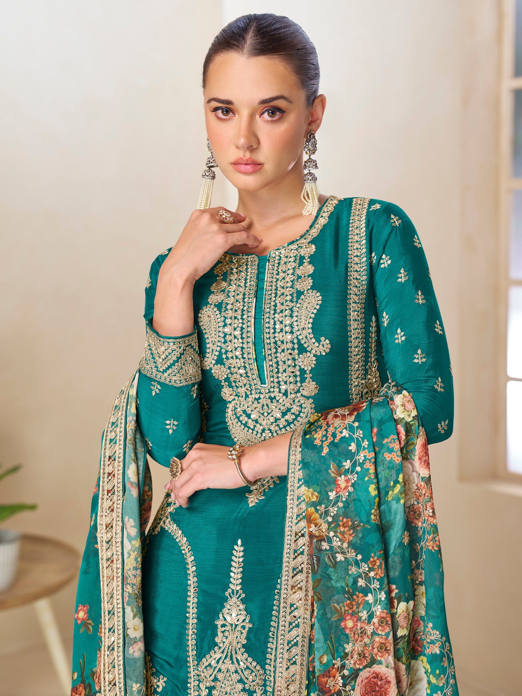 Elegant Floral Digital Printed Sharara Suit in Teal Green with Lace Dupatta

