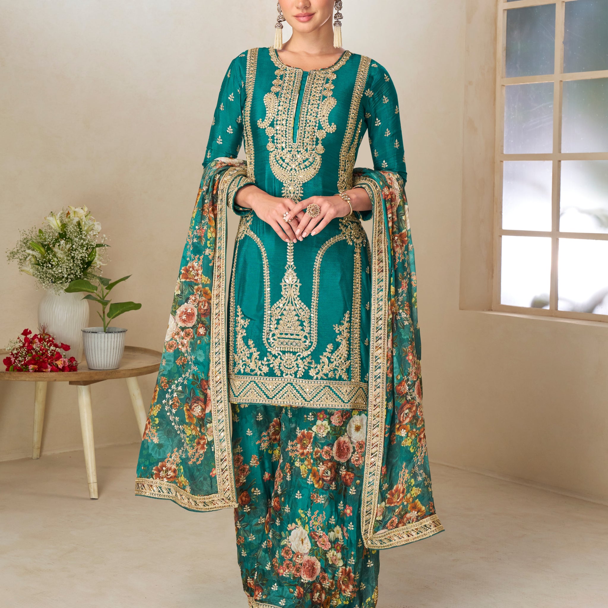 Teal Green Floral Printed Chinnon Silk Sharara Suit Set for Festive Wear

