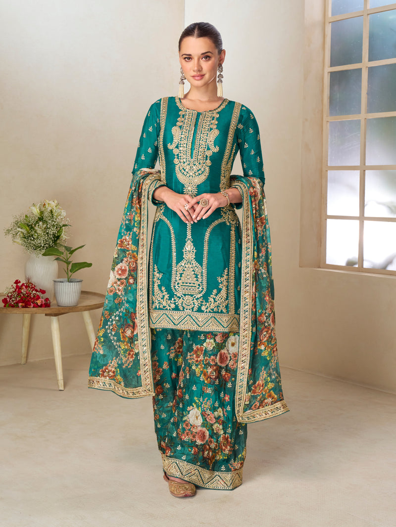 Teal Green Floral Printed Chinnon Silk Sharara Suit Set for Festive Wear

