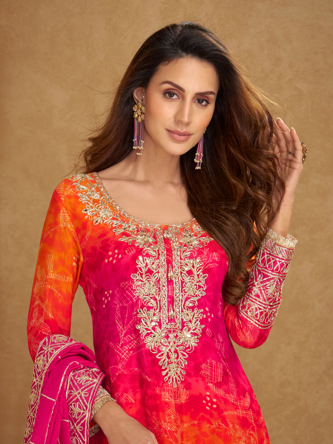 Rani Pink & Sunset Orange Chinnon Silk Embroidered Sharara Suit Set for Festive Functions