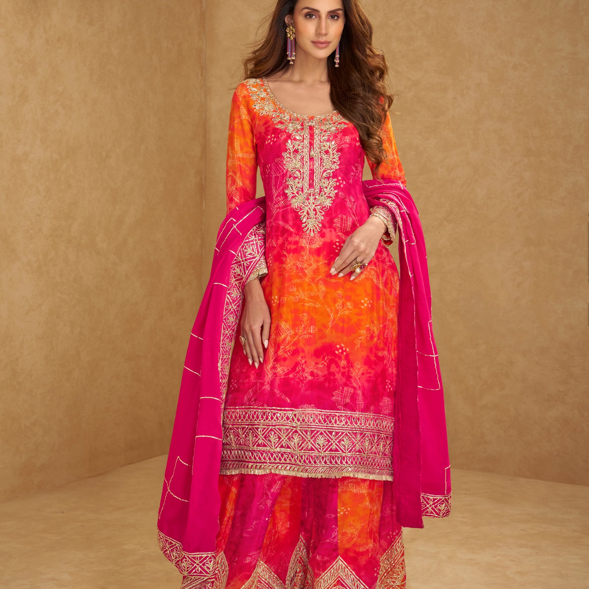 Rani Pink & Sunset Orange Chinnon Silk Embroidered Sharara Suit Set for Festive Functions