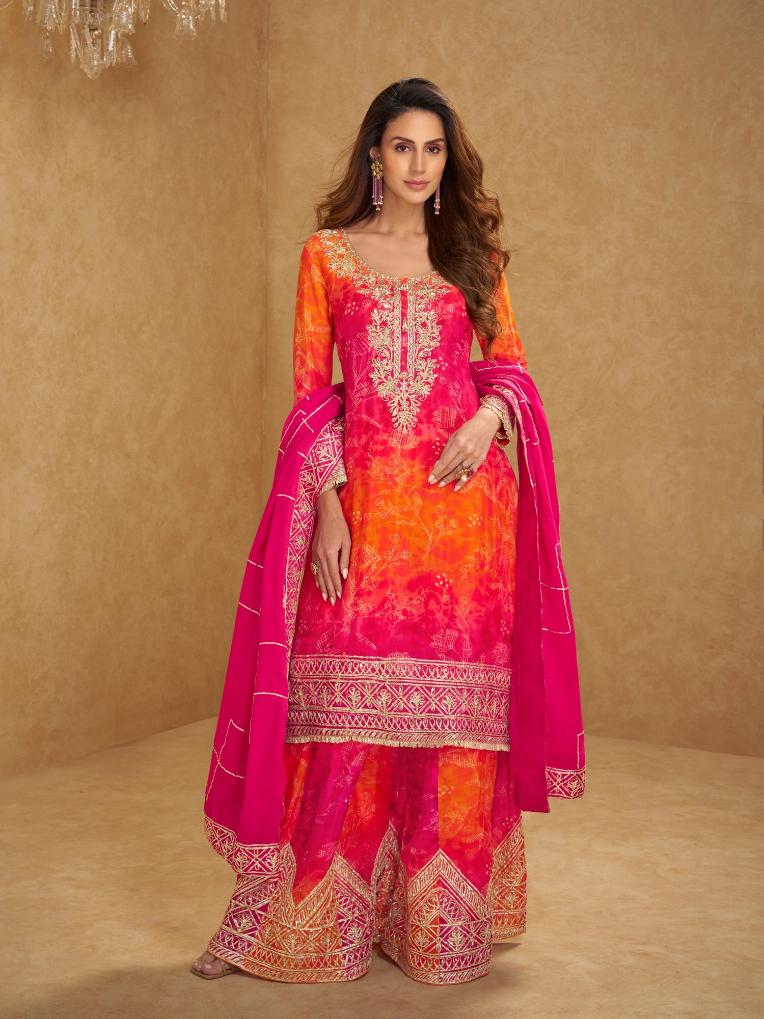 Rani Pink &amp; Sunset Orange Chinnon Silk Embroidered Sharara Suit Set for Festive Functions