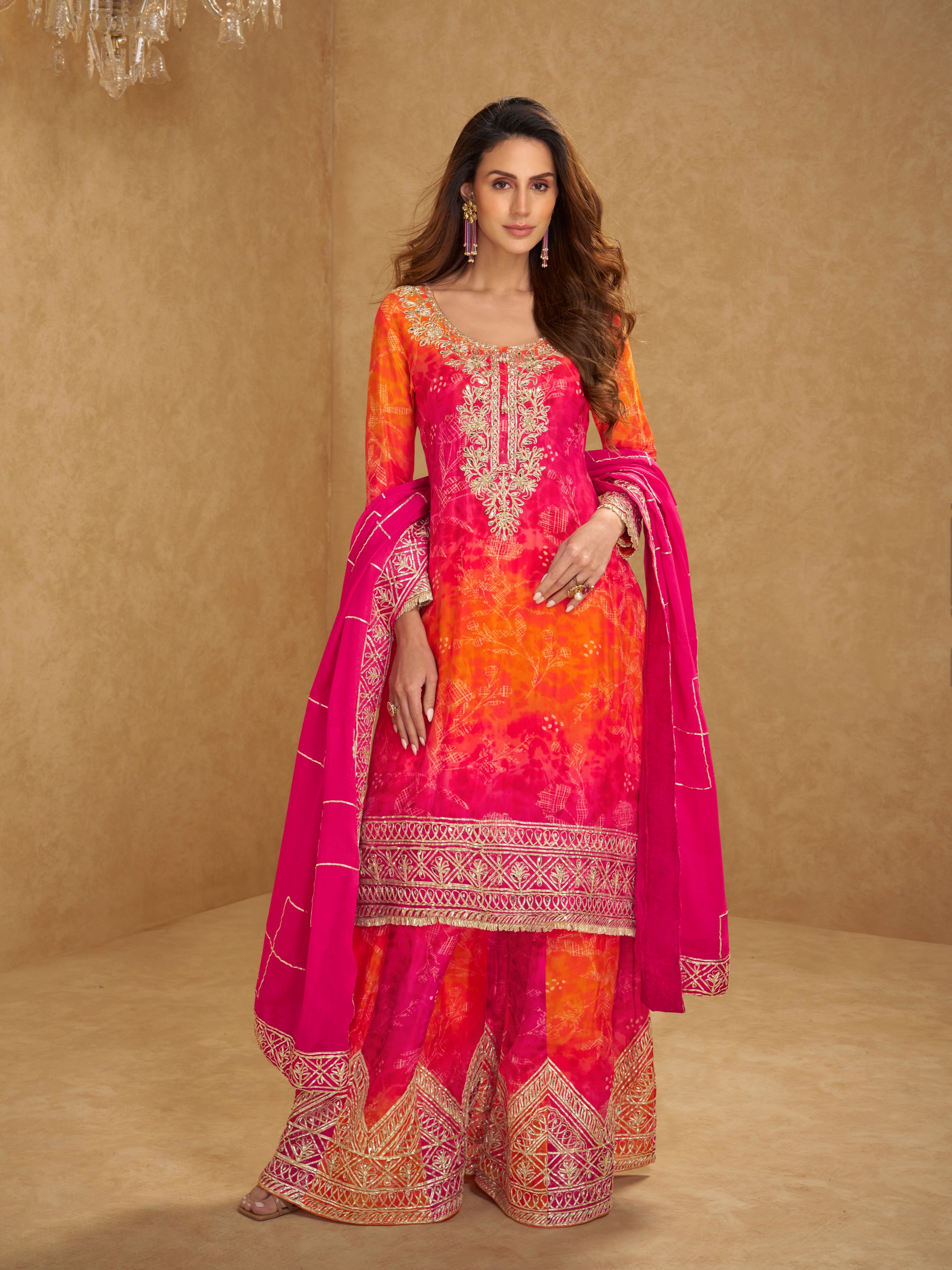 Rani Pink &amp; Sunset Orange Chinnon Silk Embroidered Sharara Suit Set for Festive Functions
