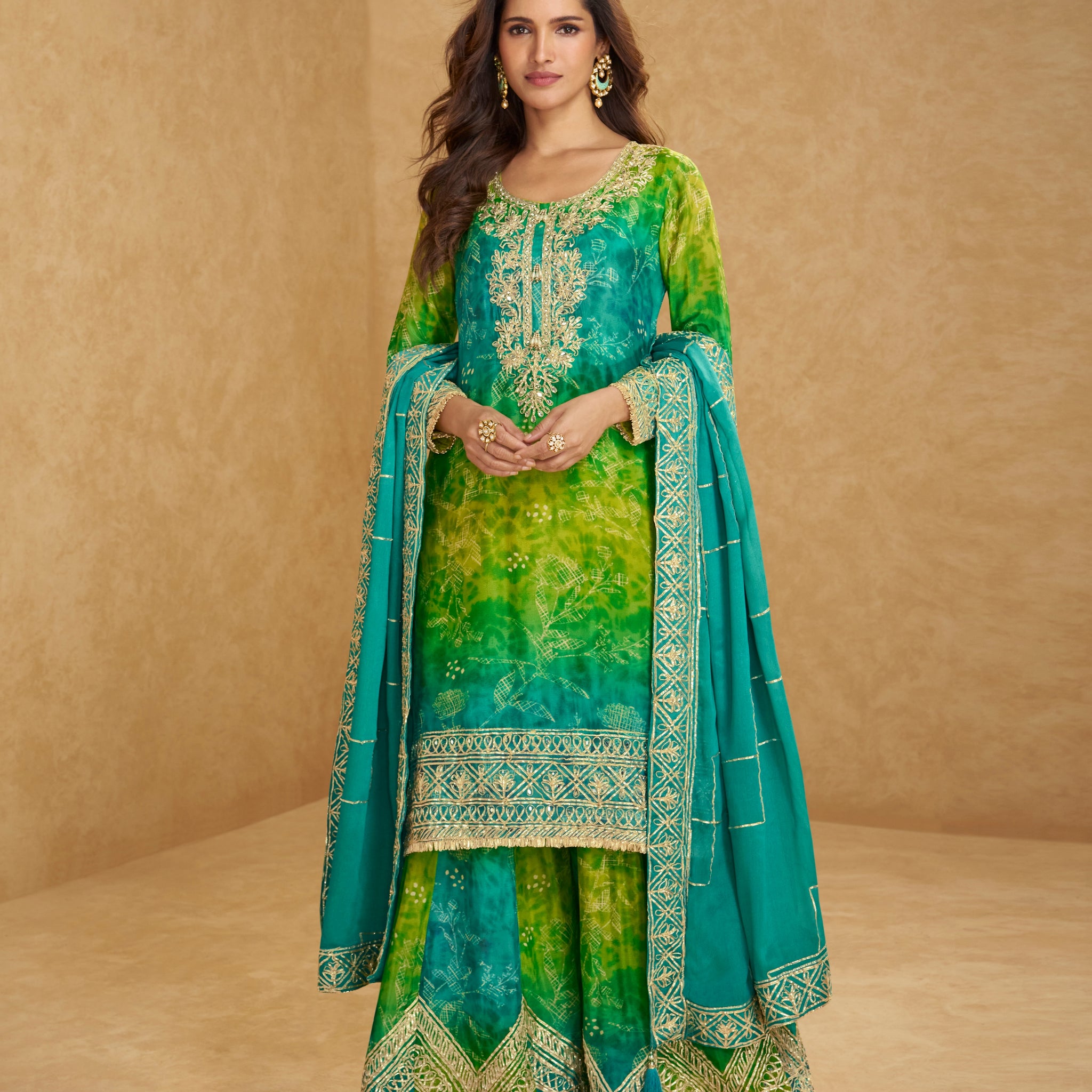 Teal Green & Lime Yellow Chinnon Silk Embroidered Sharara Suit Set for Festive Wear

