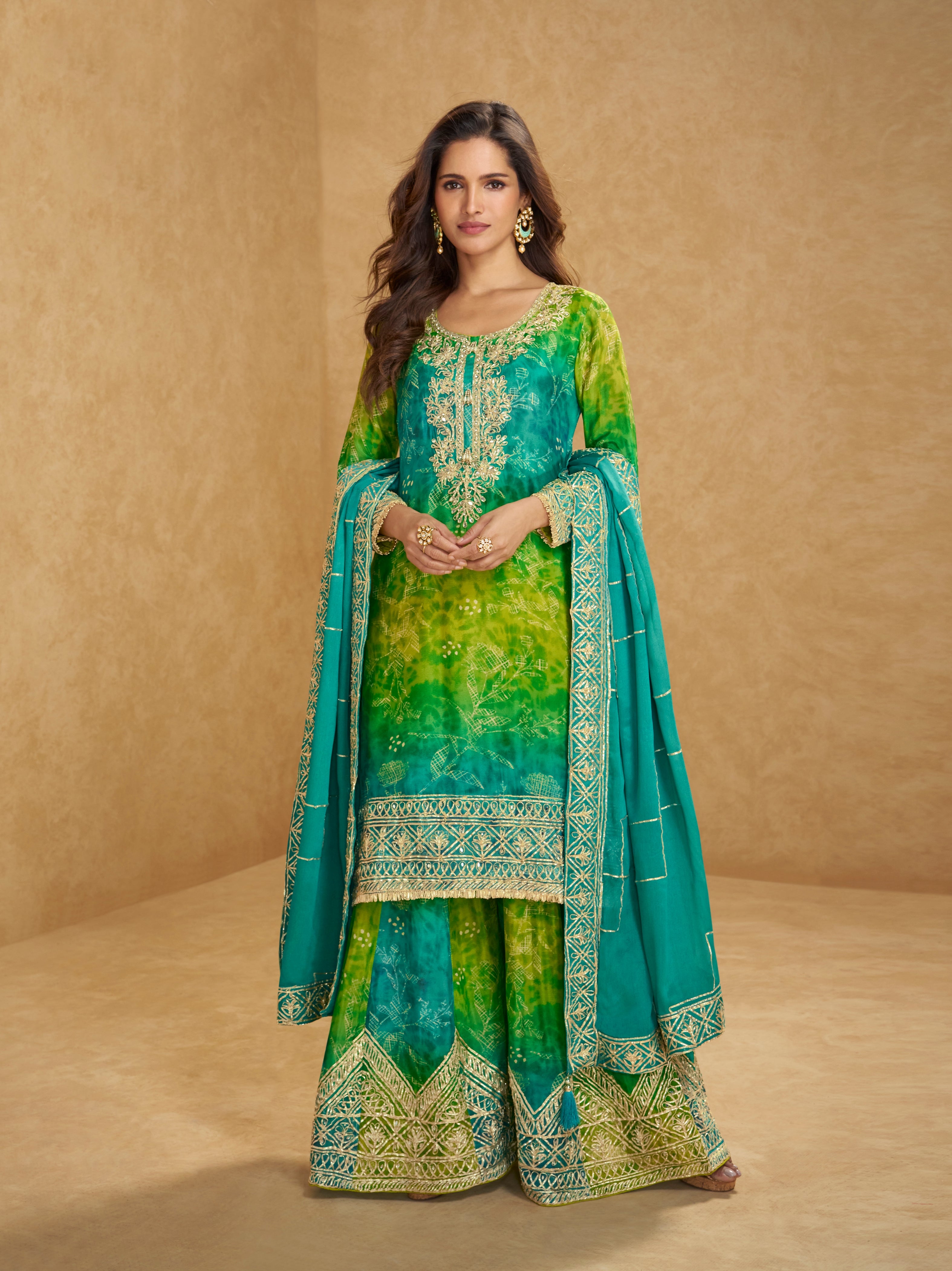 Teal Green &amp; Lime Yellow Chinnon Silk Embroidered Sharara Suit Set for Festive Wear


