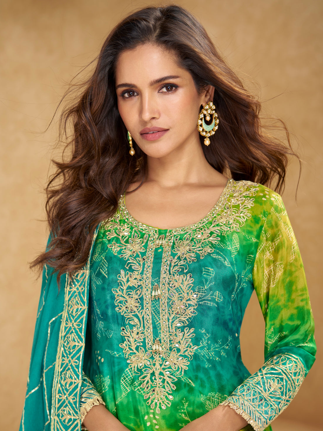 Teal Green & Lime Yellow Chinnon Silk Embroidered Sharara Suit Set for Festive Wear

