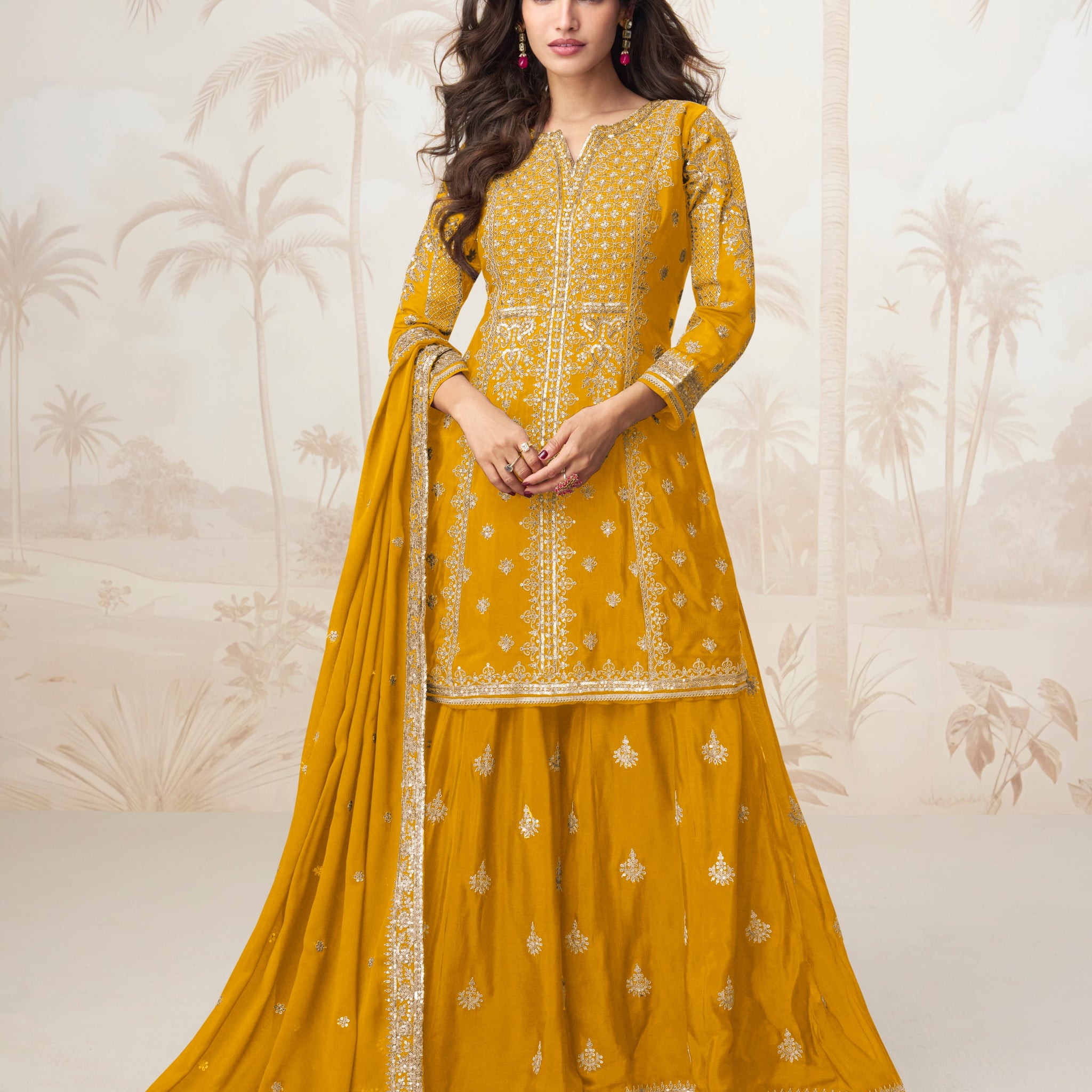 Mustard Yellow Embroidered Chinnon Silk Sharara Suit Set for Wedding Functions

