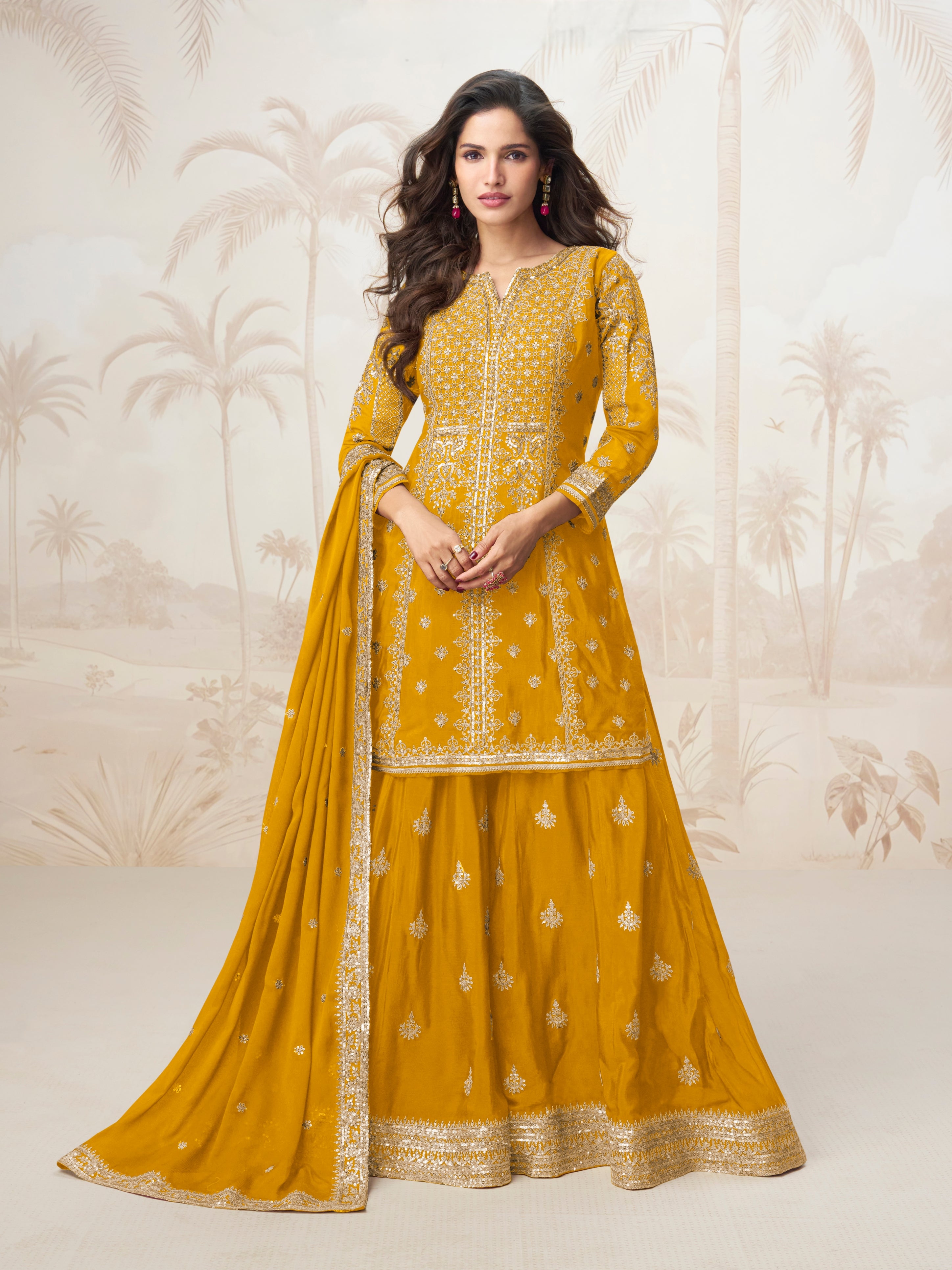 Mustard Yellow Embroidered Chinnon Silk Sharara Suit Set for Wedding Functions

