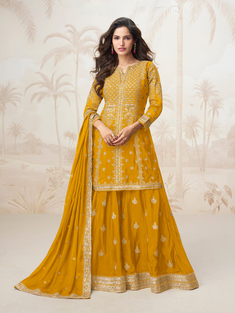 Mustard Yellow Embroidered Chinnon Silk Sharara Suit Set for Wedding Functions

