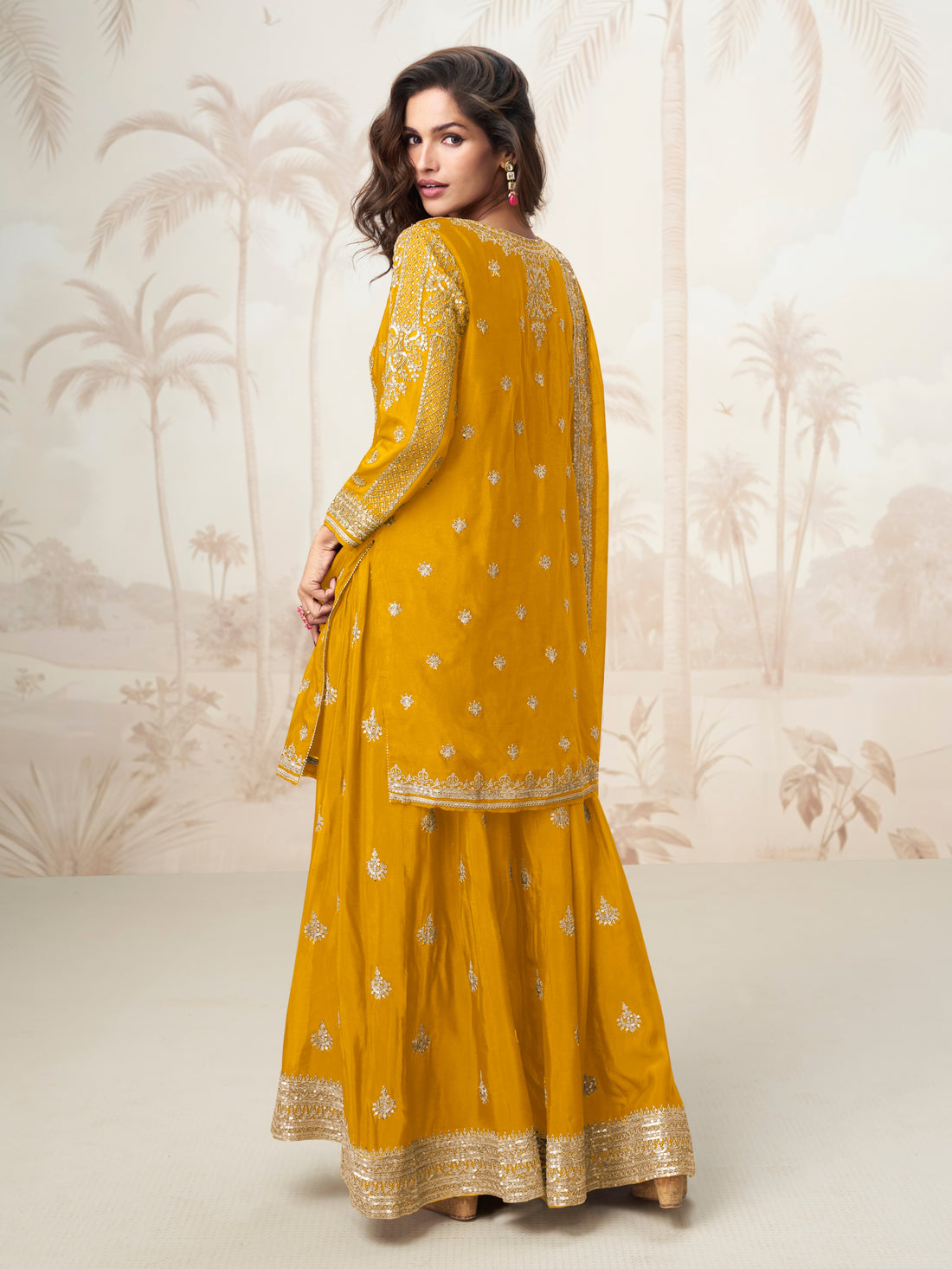 Mustard Yellow Embroidered Chinnon Silk Sharara Suit Set for Wedding Functions

