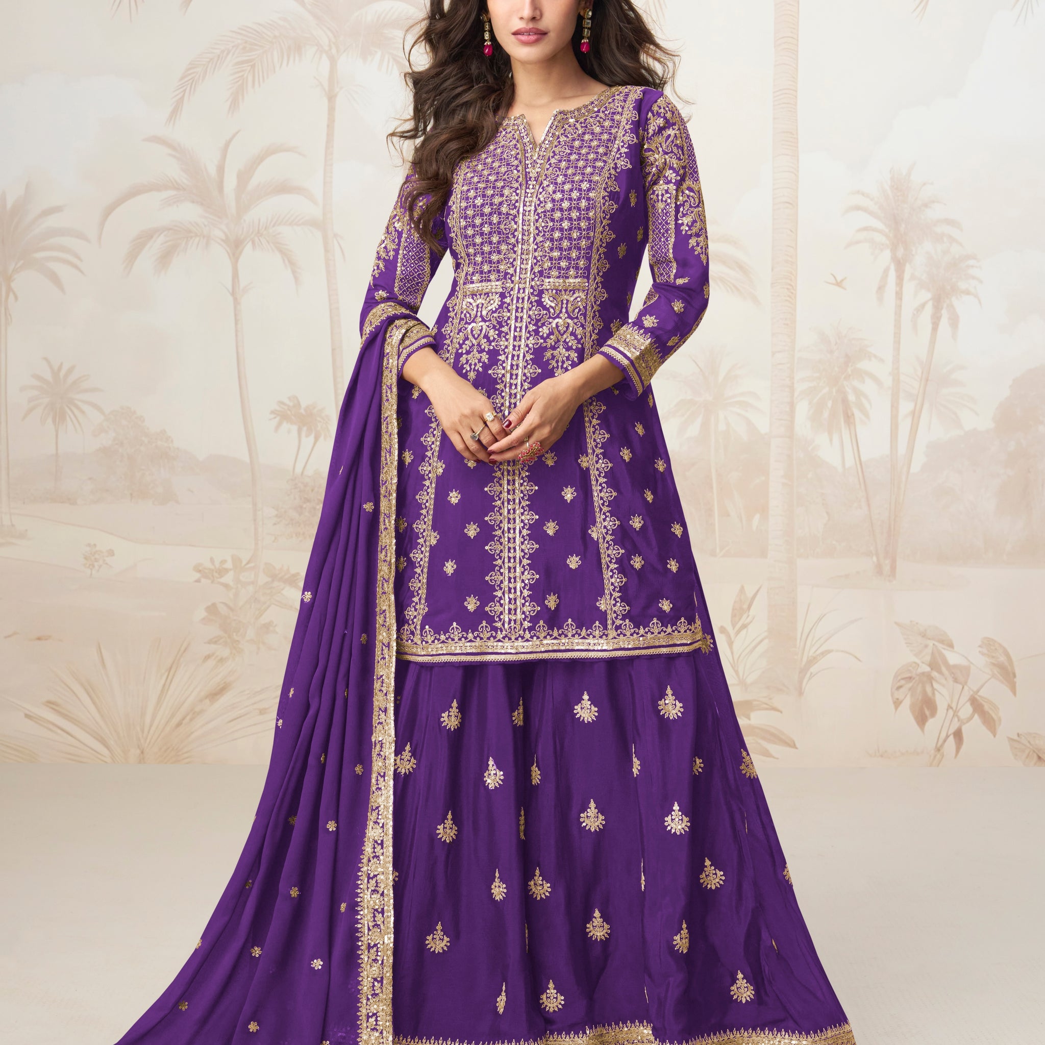 Royal Purple Embroidered Chinnon Silk Sharara Suit Set for Wedding Functions

