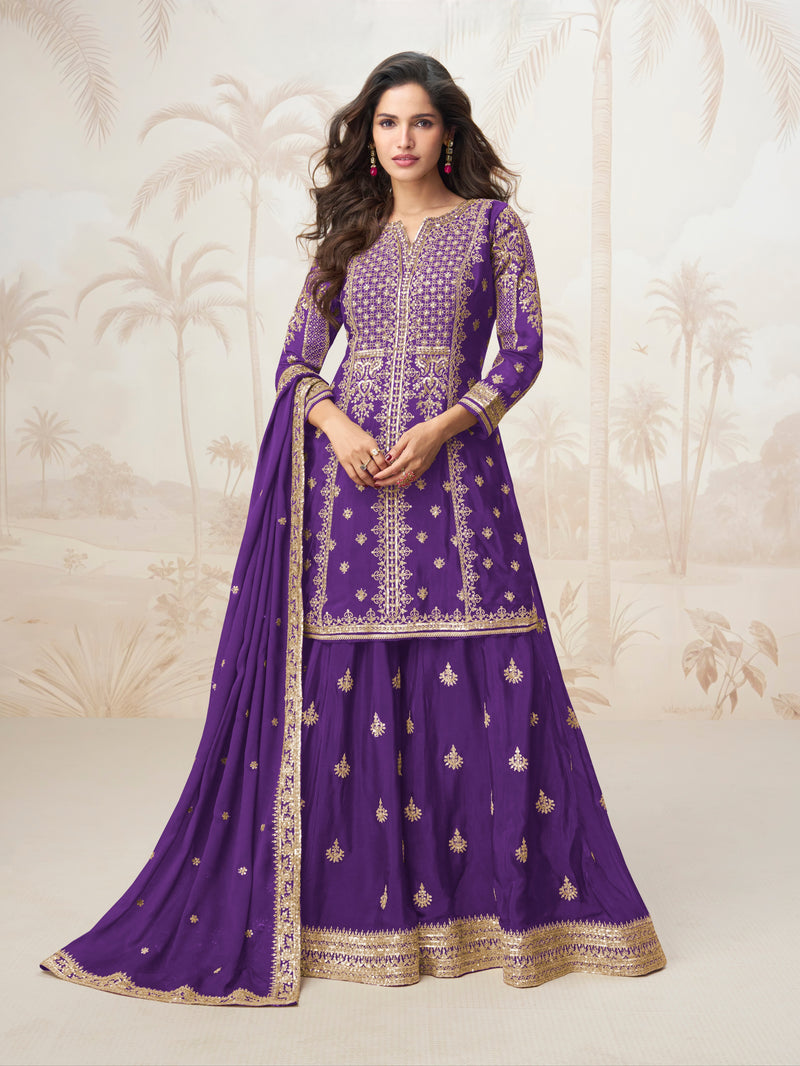 Royal Purple Embroidered Chinnon Silk Sharara Suit Set for Wedding Functions

