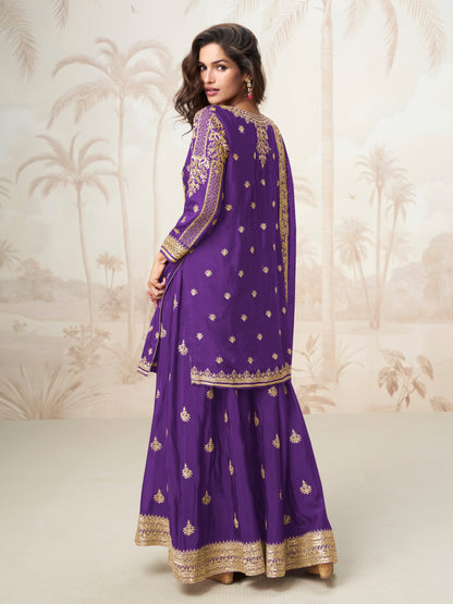 Front &amp; Back Embroidered Chinnon Silk Sharara Dress in Royal Purple

