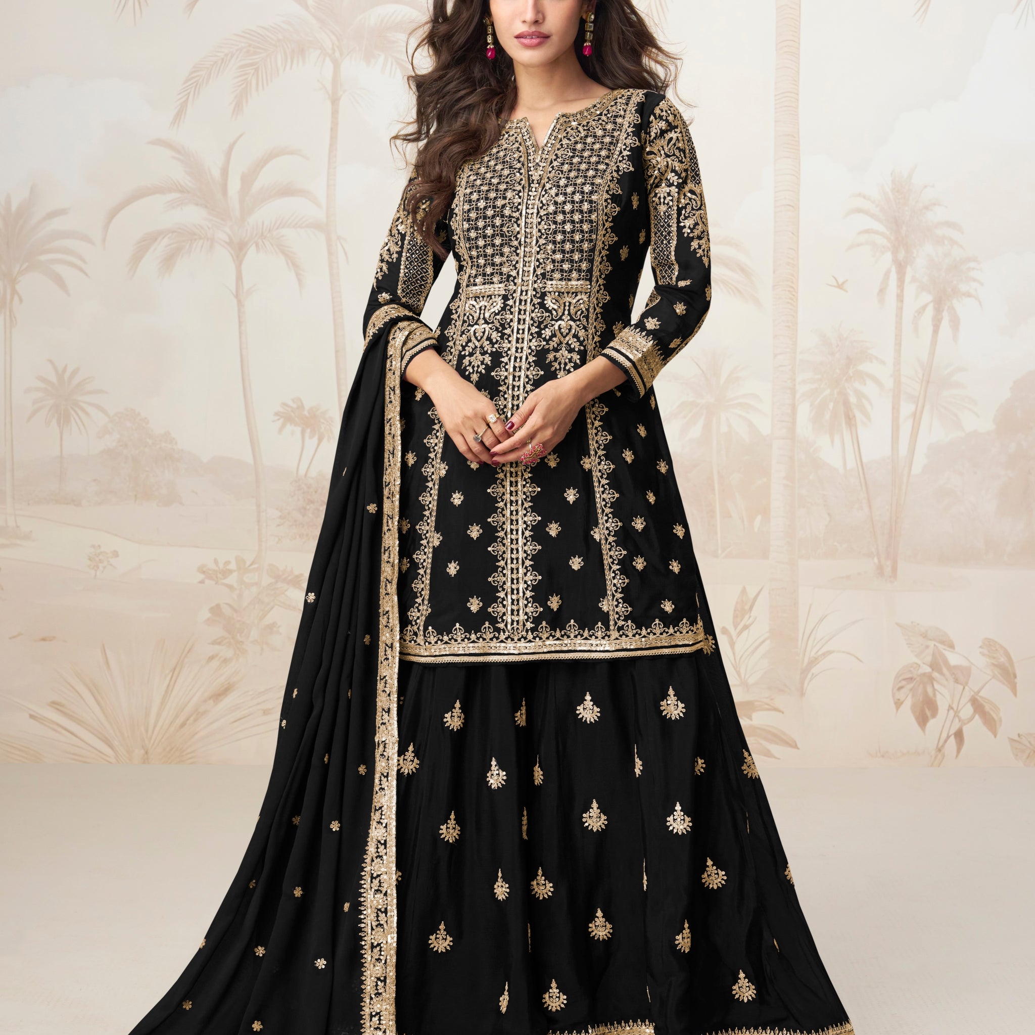 Classic Black Embroidered Chinnon Silk Sharara Suit Set for Wedding Functions

