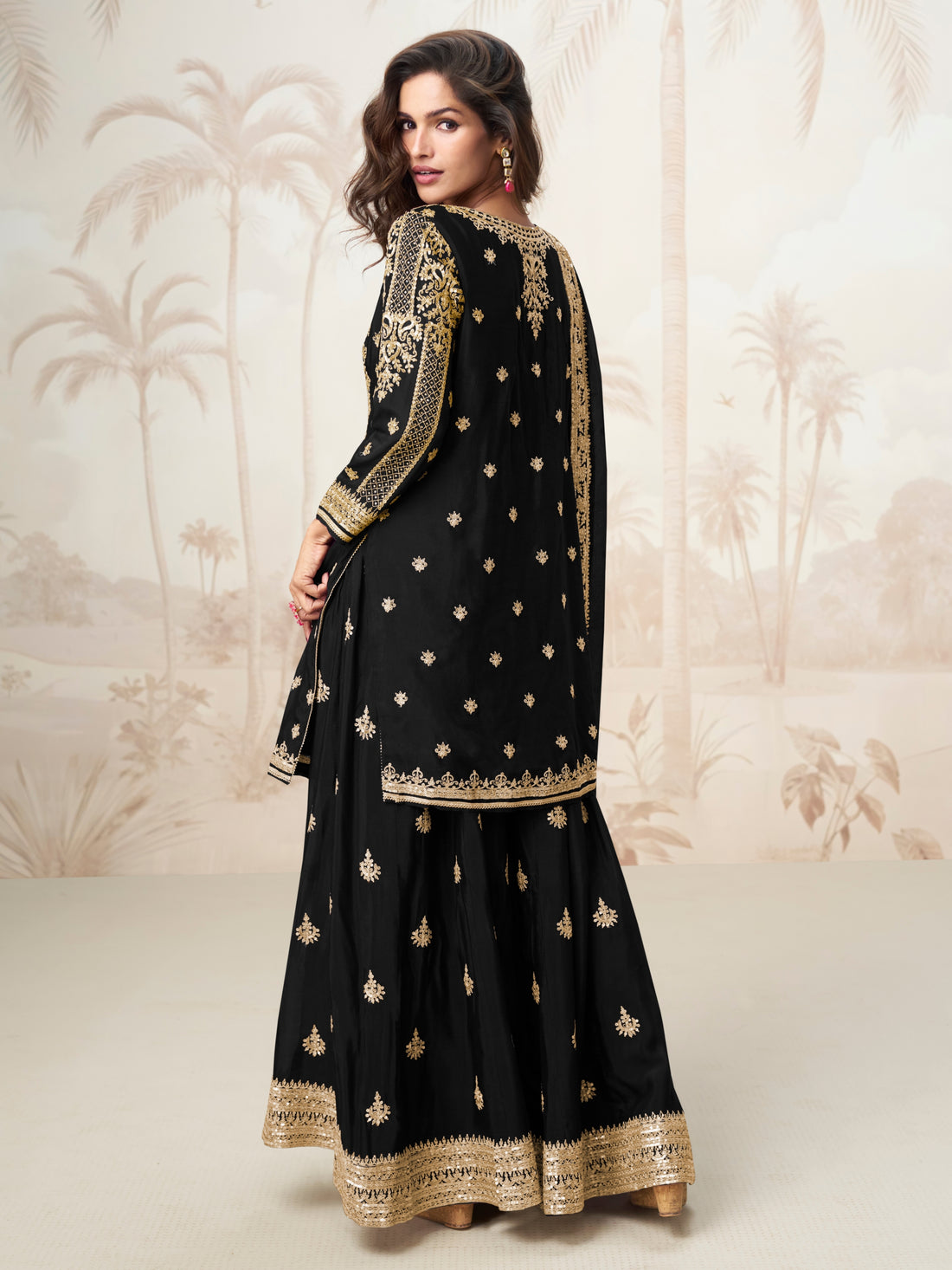 Classic Black Embroidered Chinnon Silk Sharara Suit Set for Wedding Functions

