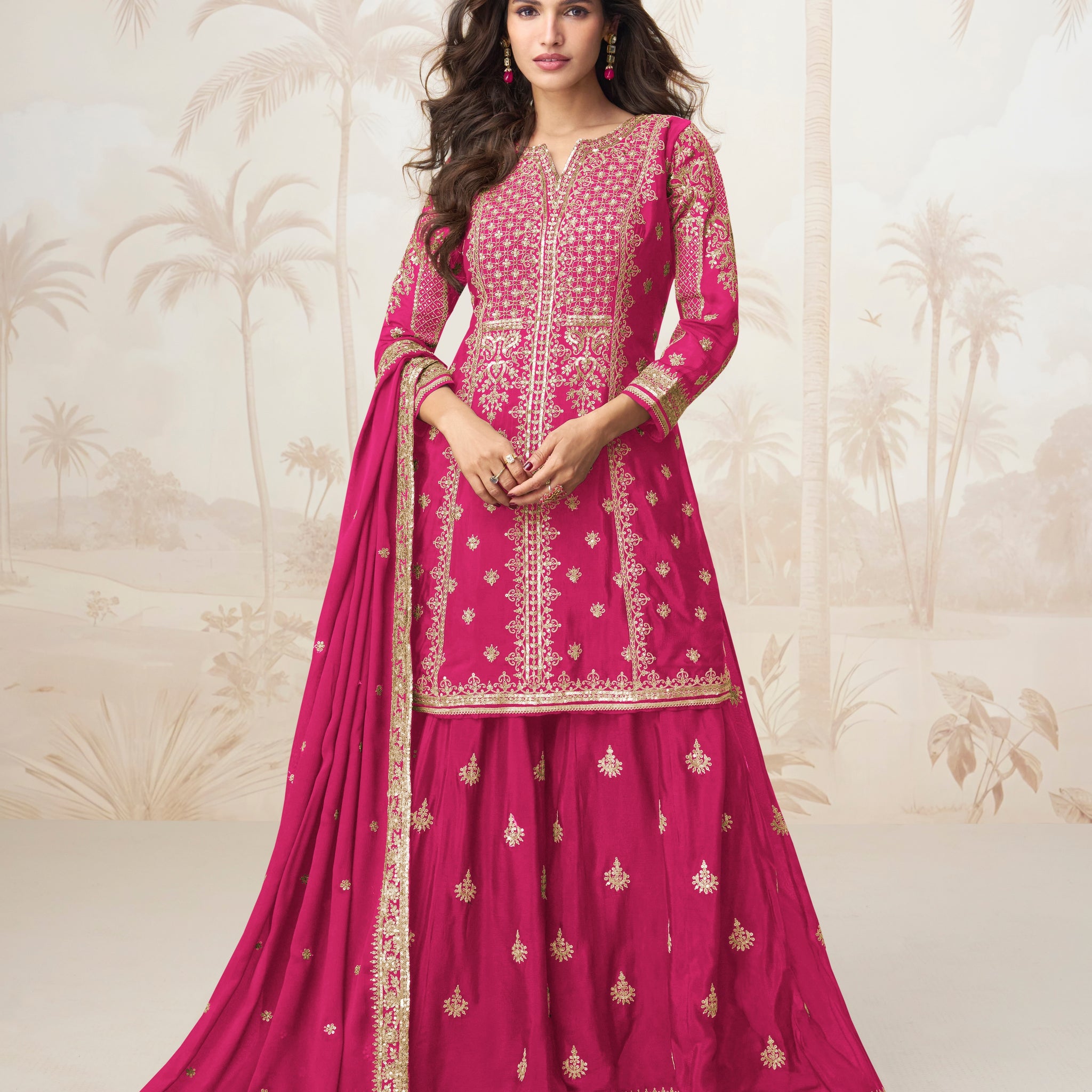 Rani Pink Embroidered Chinnon Silk Sharara Suit Set for Wedding Functions

