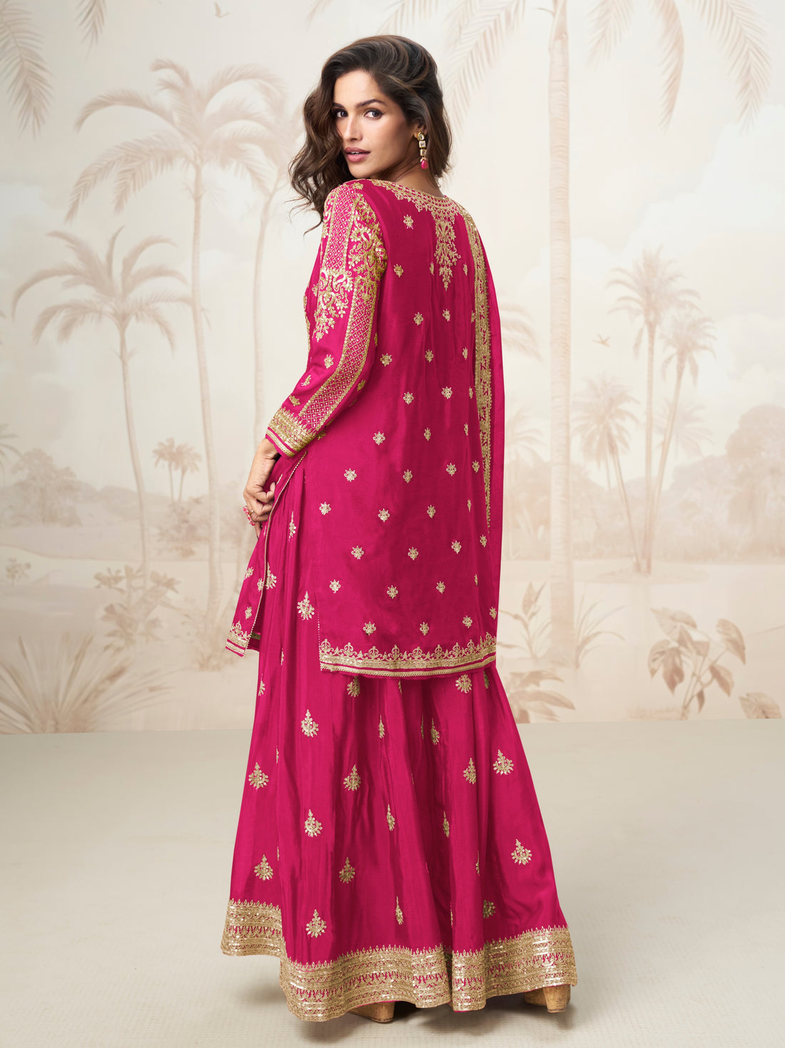 Rani Pink Embroidered Chinnon Silk Sharara Suit Set for Wedding Functions

