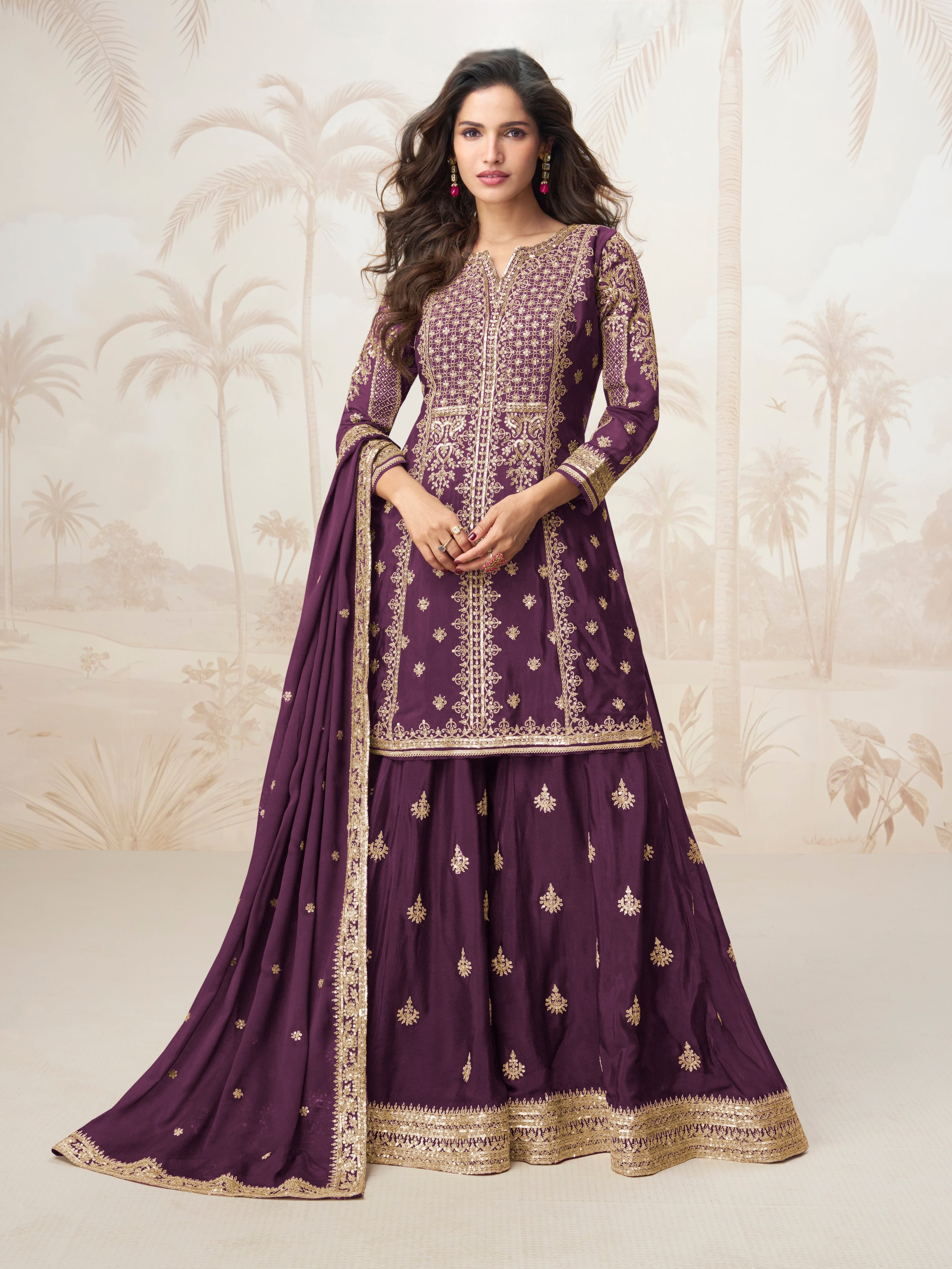 Plum Purple Embroidered Chinnon Silk Sharara Suit Set for Wedding Functions

