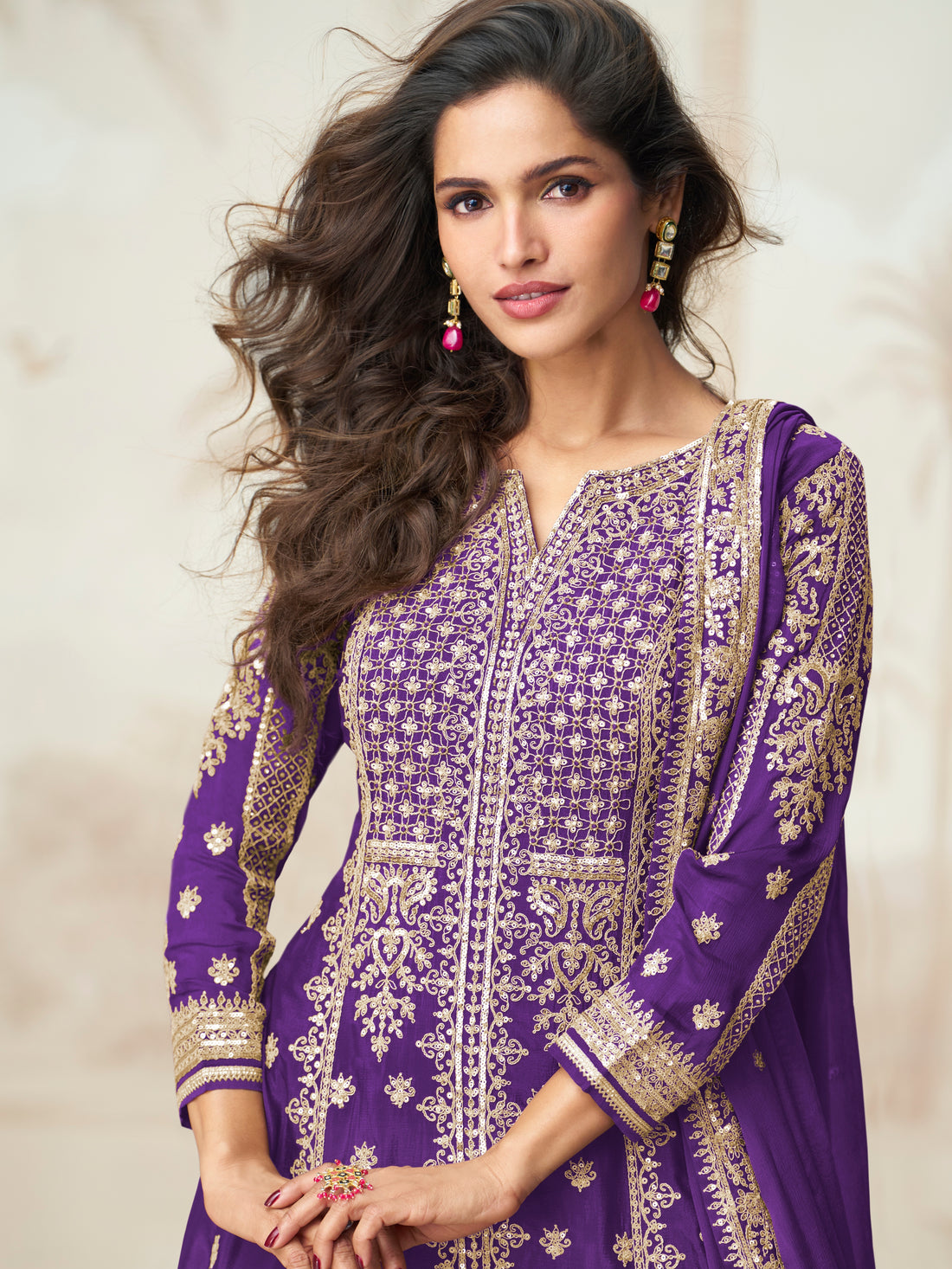 Royal Purple Embroidered Chinnon Silk Sharara Suit Set for Wedding Functions

