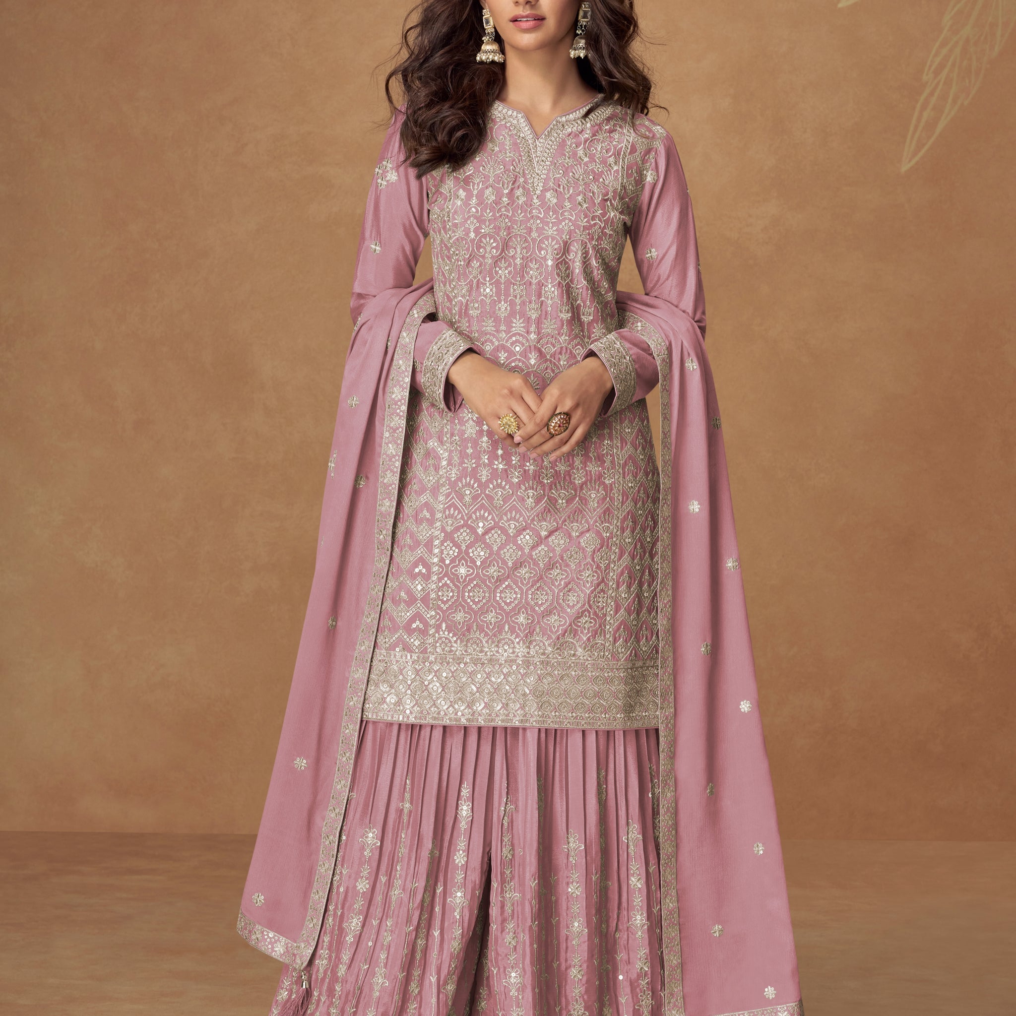 Blush pink embroidered chinnon silk sharara suit set with dupatta

