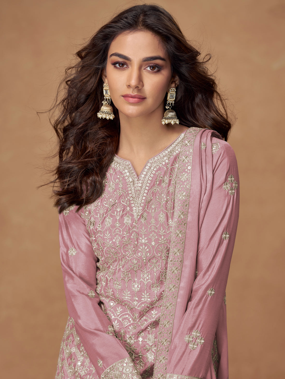Blush pink embroidered chinnon silk sharara suit set with dupatta

