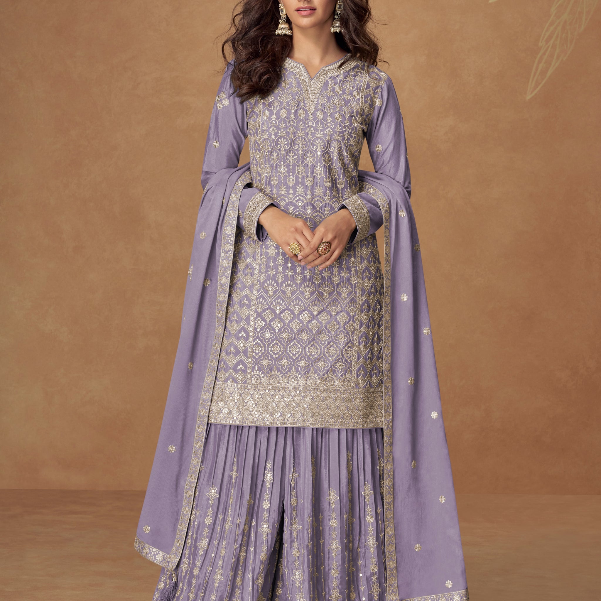 Lavender purple embroidered chinnon silk sharara suit set with dupatta

