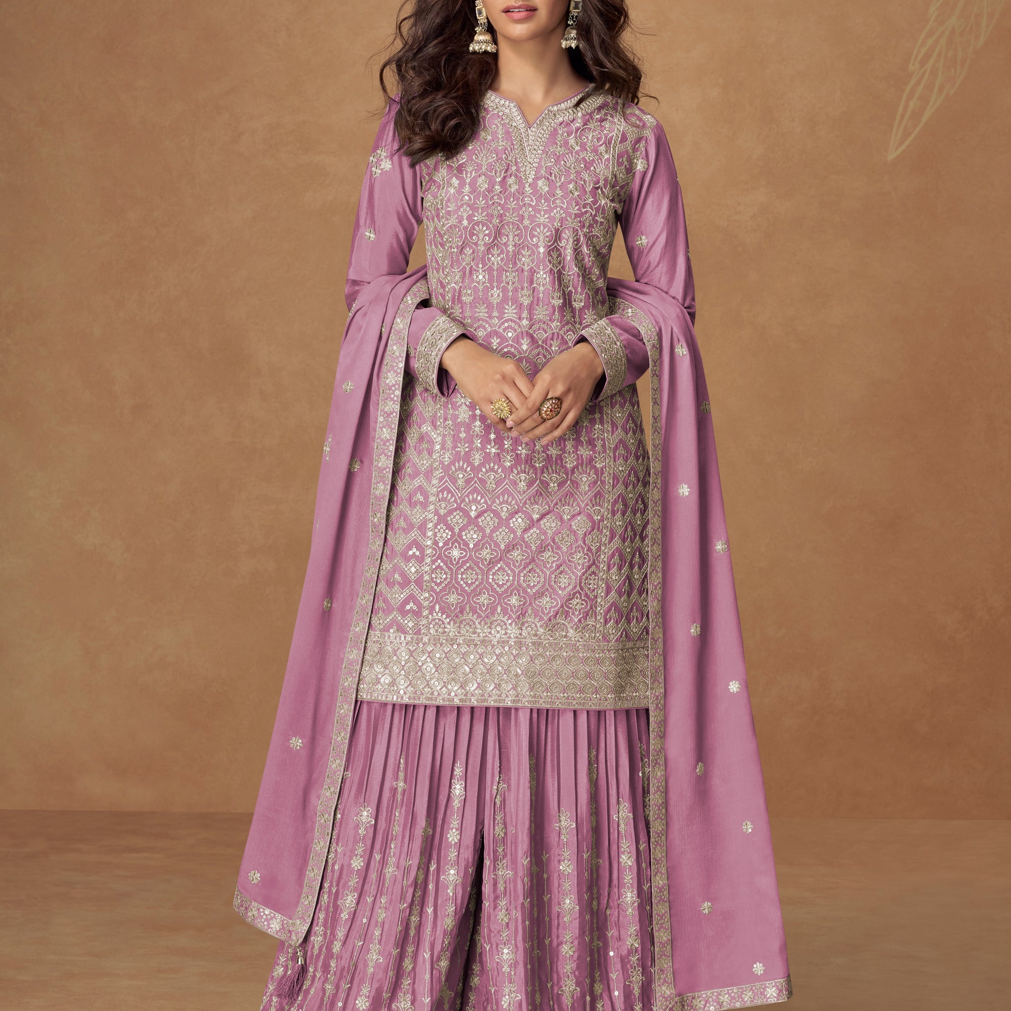Mauve pink embroidered chinnon silk sharara suit set with dupatta

