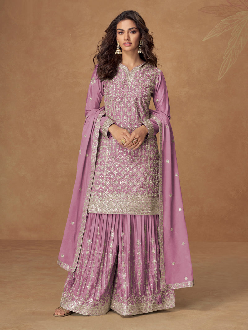 Mauve pink embroidered chinnon silk sharara suit set with dupatta

