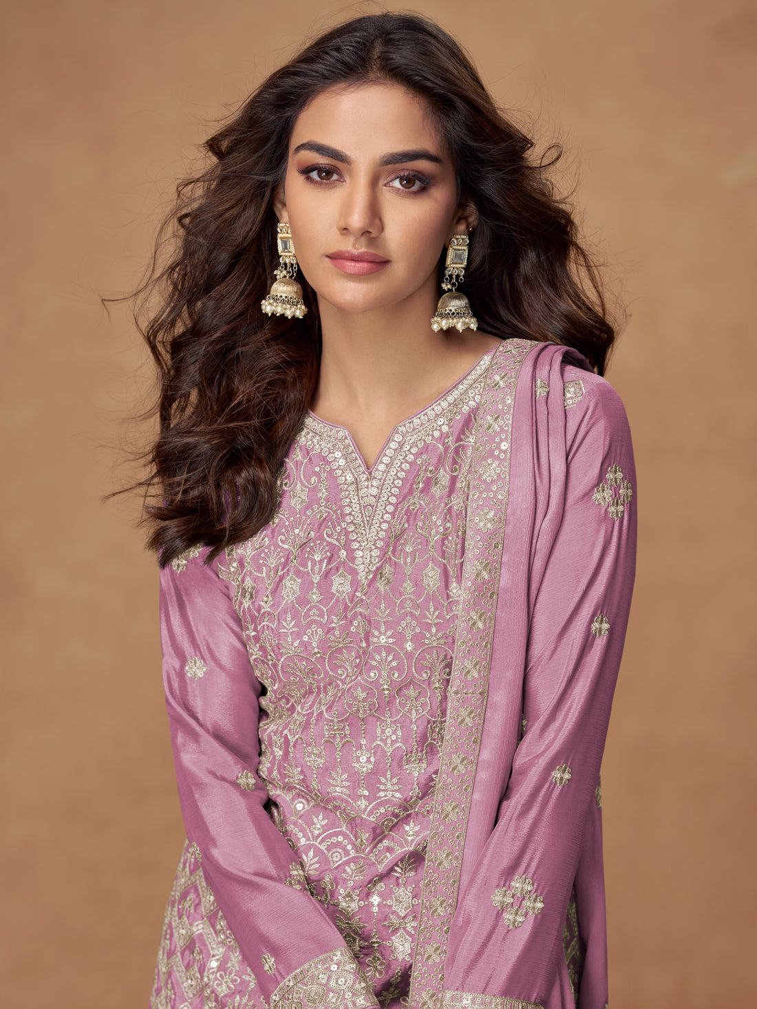 Mauve pink embroidered chinnon silk sharara suit set with dupatta

