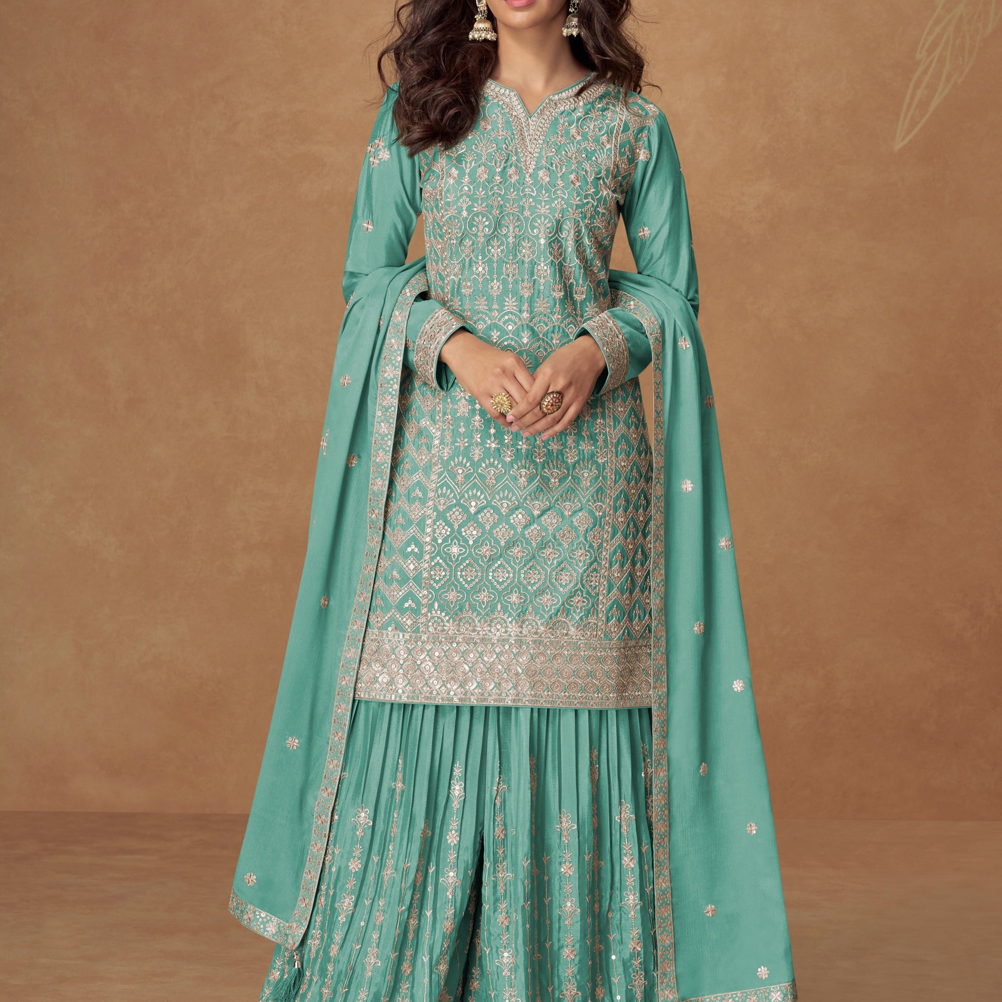 Aqua green embroidered chinnon silk sharara suit set with dupatta