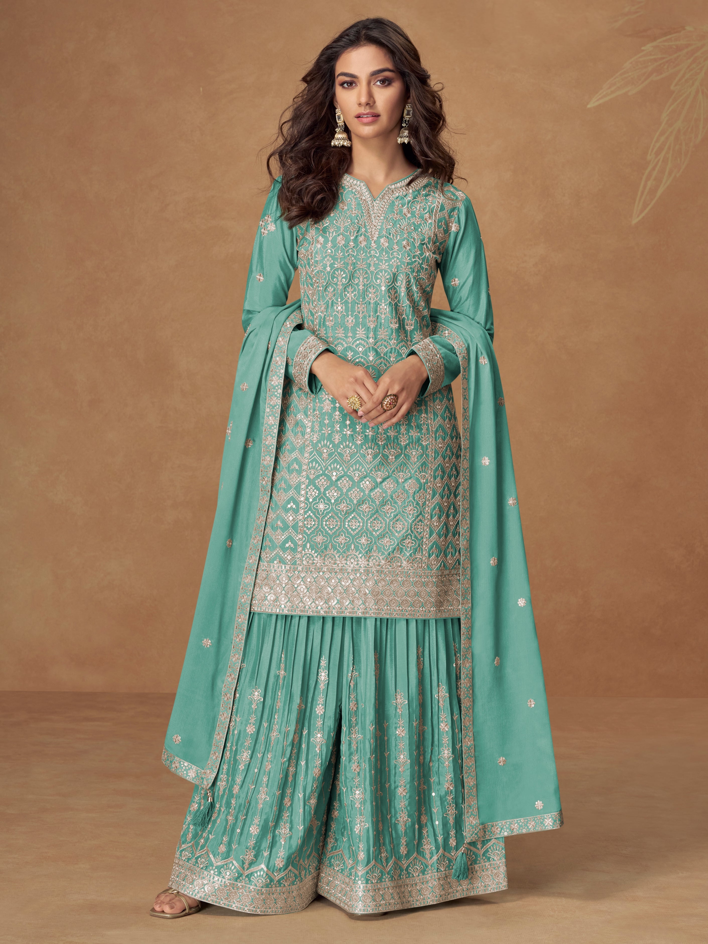 Aqua green embroidered chinnon silk sharara suit set with dupatta
