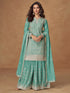 Aqua green embroidered chinnon silk sharara suit set with dupatta