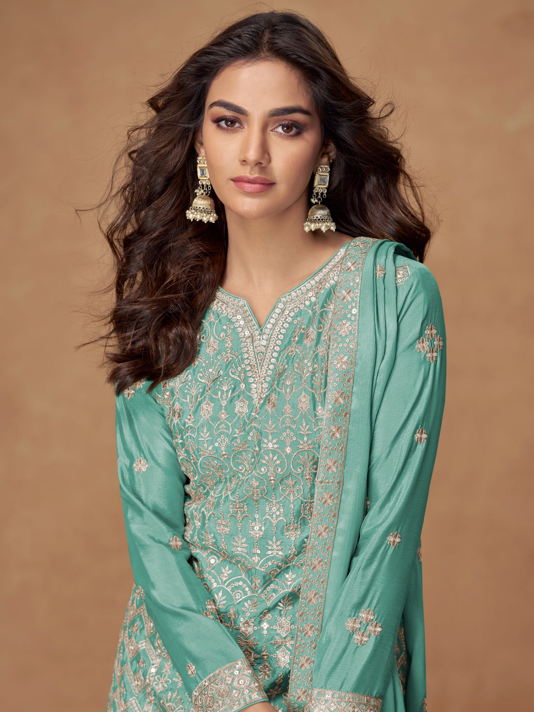 Aqua green embroidered chinnon silk sharara suit set with dupatta