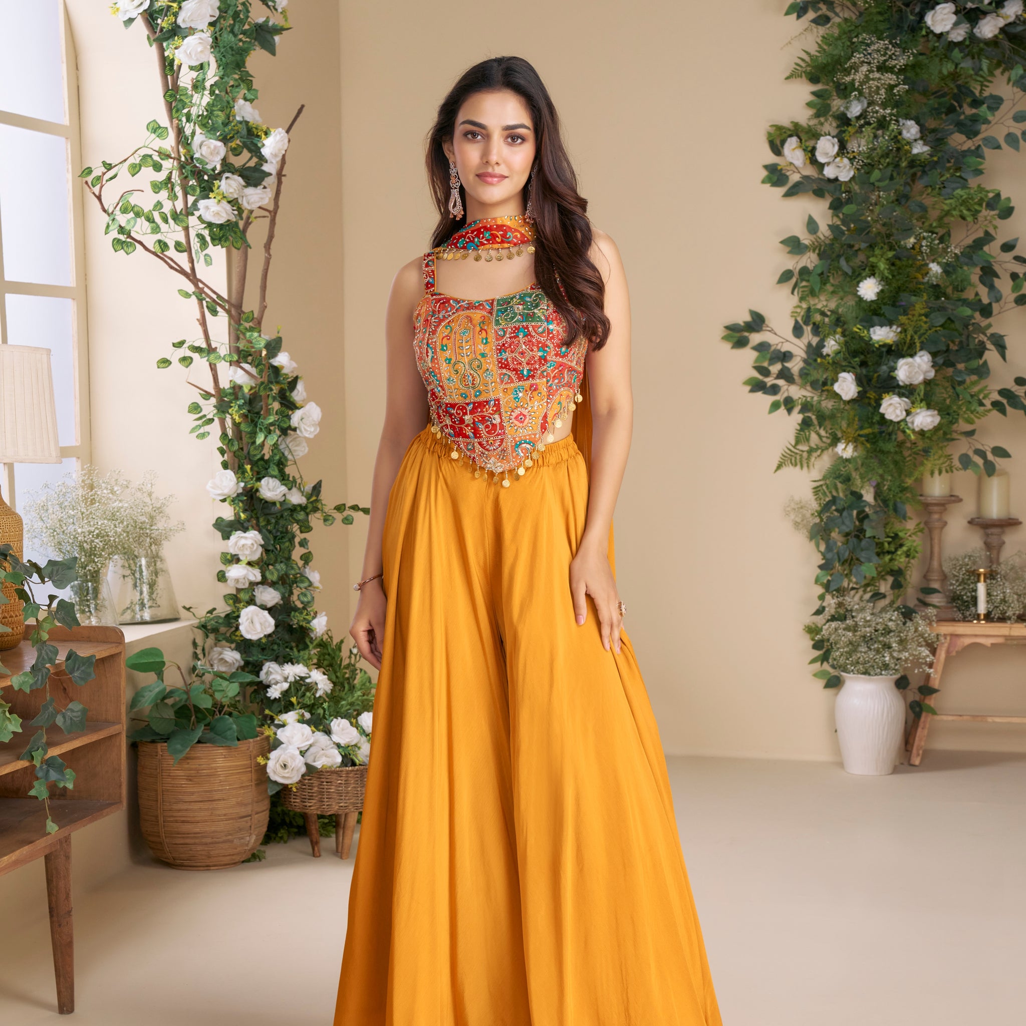 Mustard Palazzo Suit with Embroidered Blouse and Dupatta