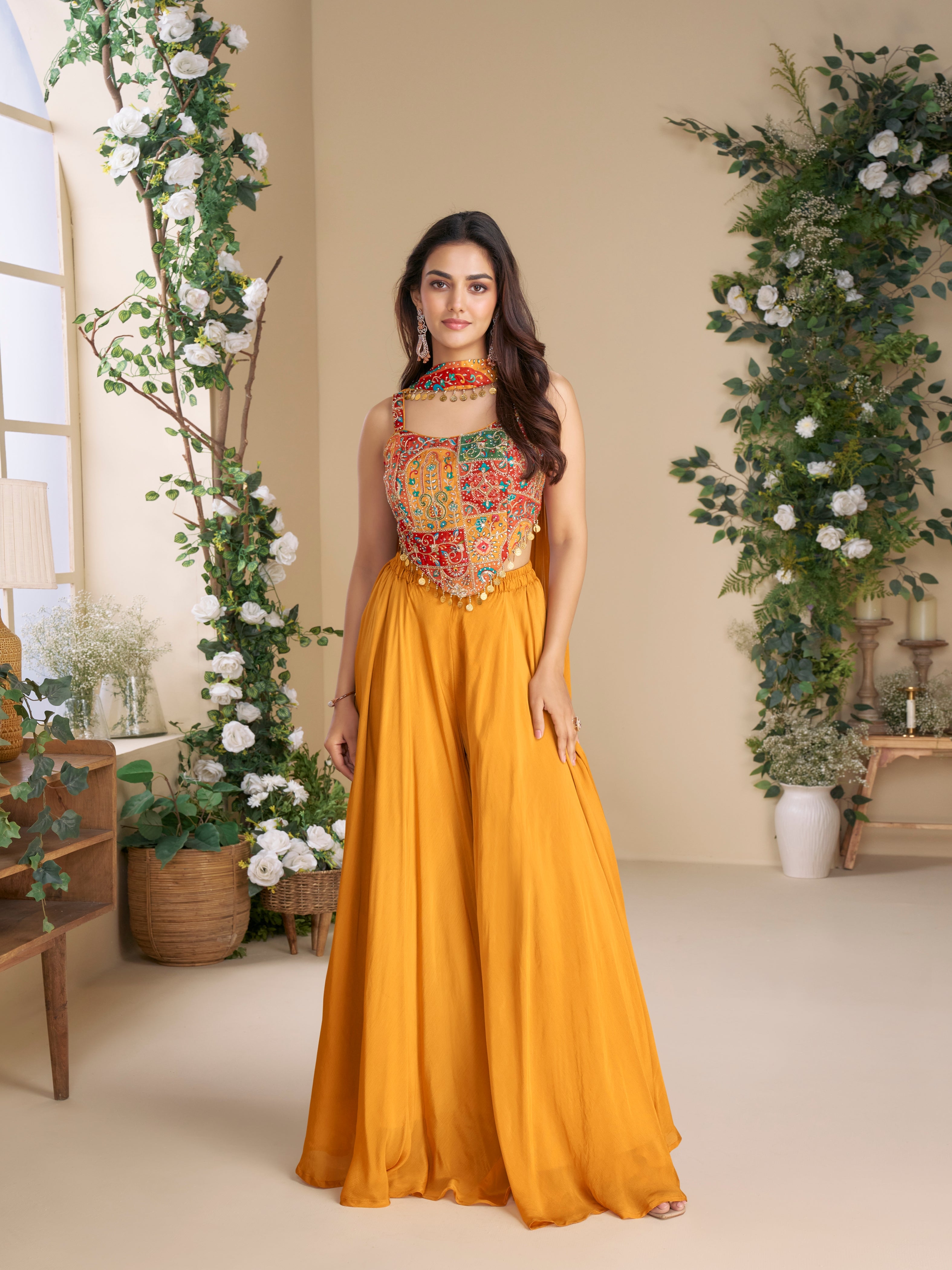 Mustard Palazzo Suit with Embroidered Blouse and Dupatta