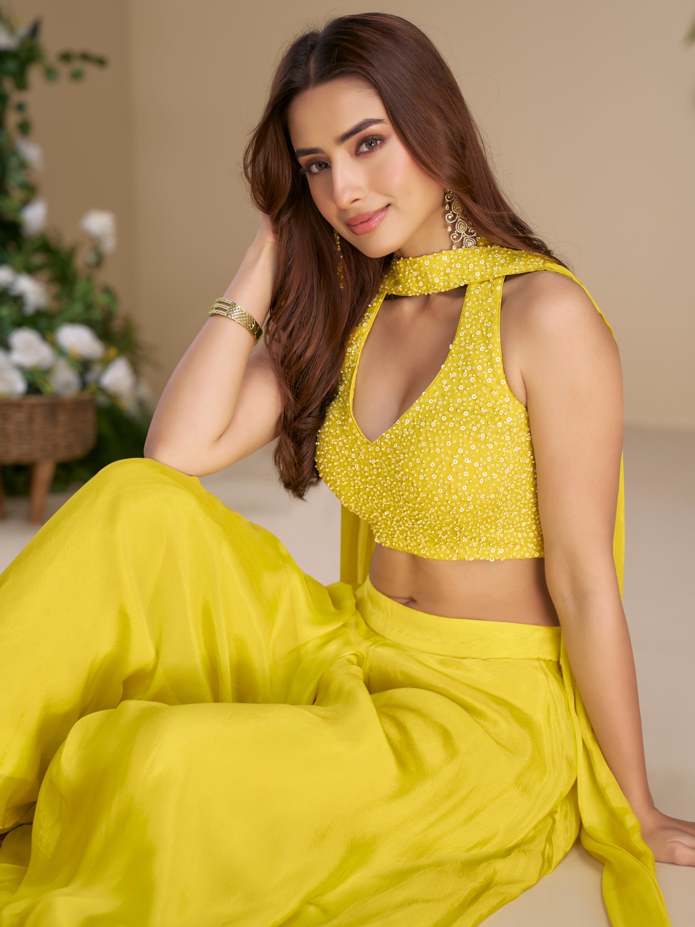 Yellow Palazzo Set with Embroidered Crop Blouse and Dupatta