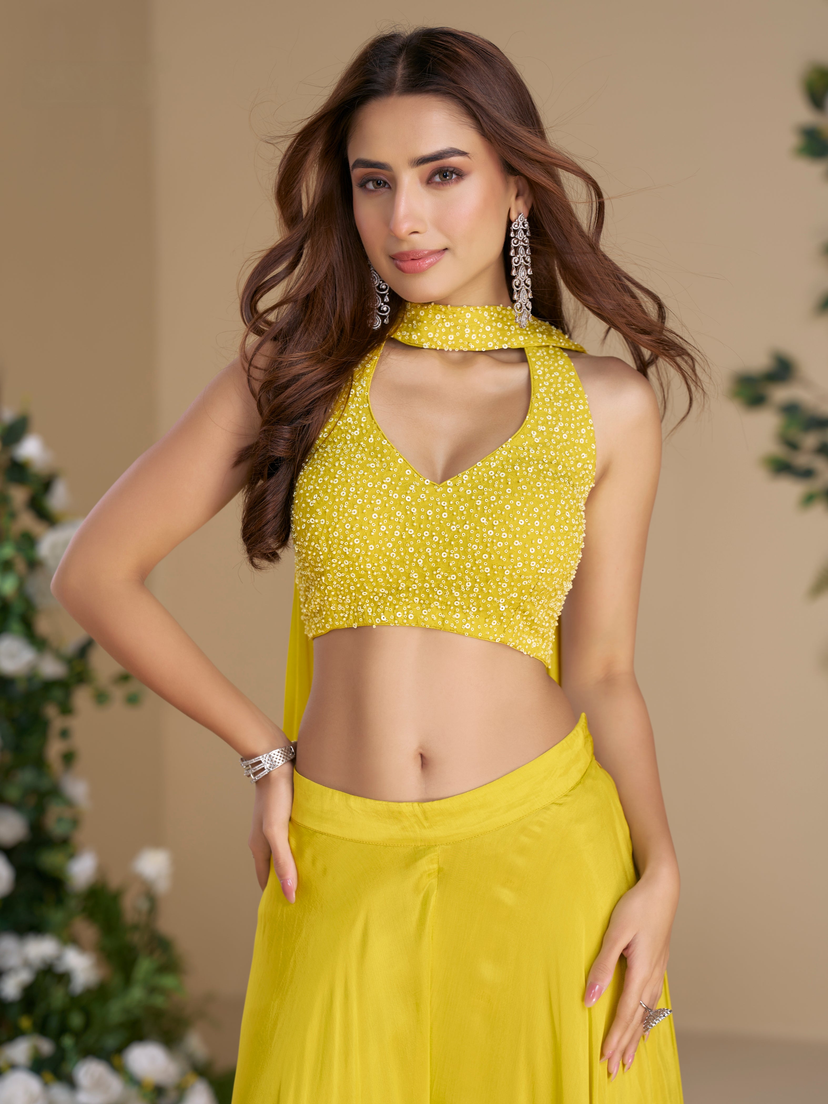 Yellow Palazzo Set with Embroidered Crop Blouse and Dupatta