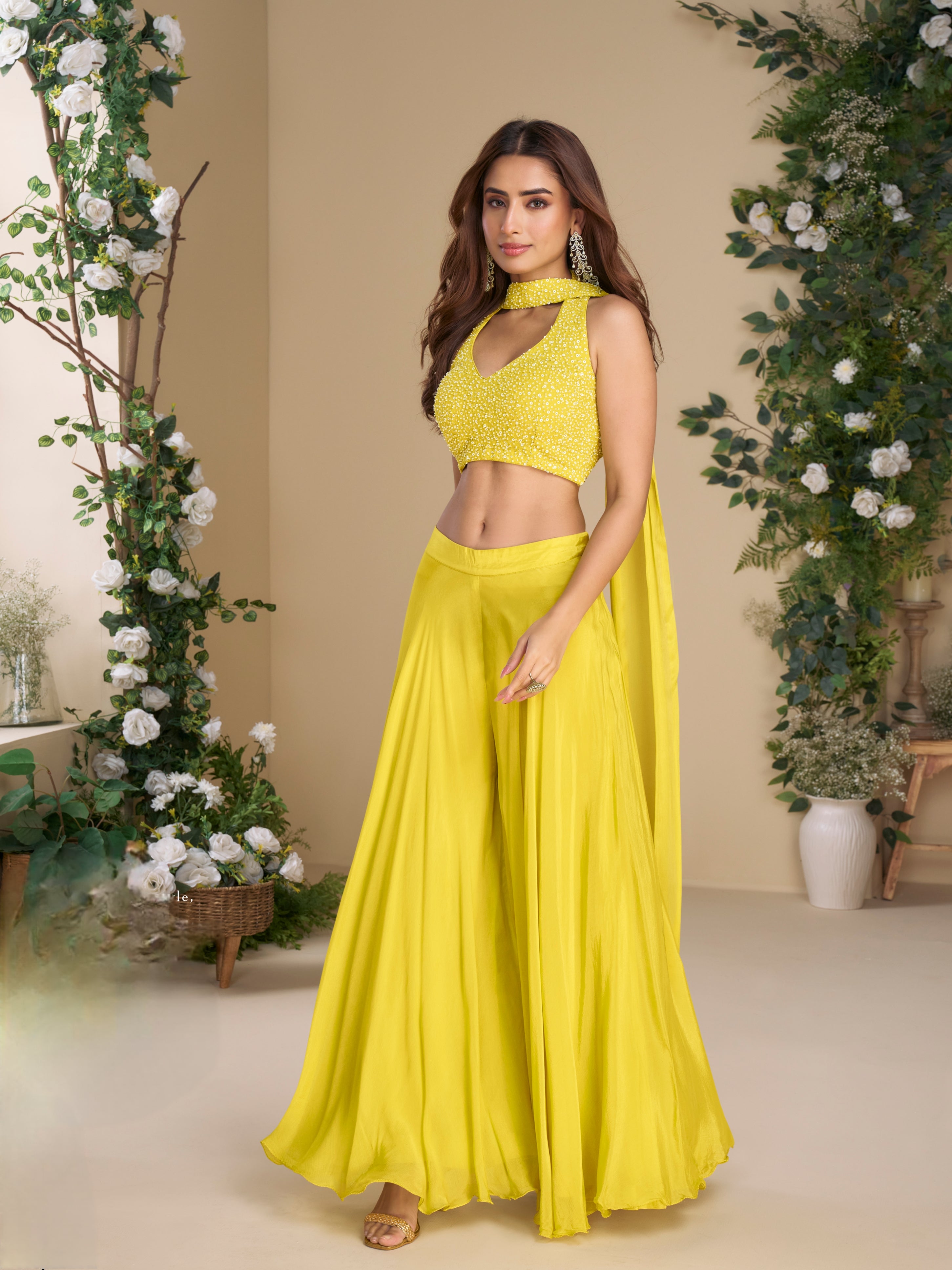 Yellow Palazzo Set with Embroidered Crop Blouse and Dupatta