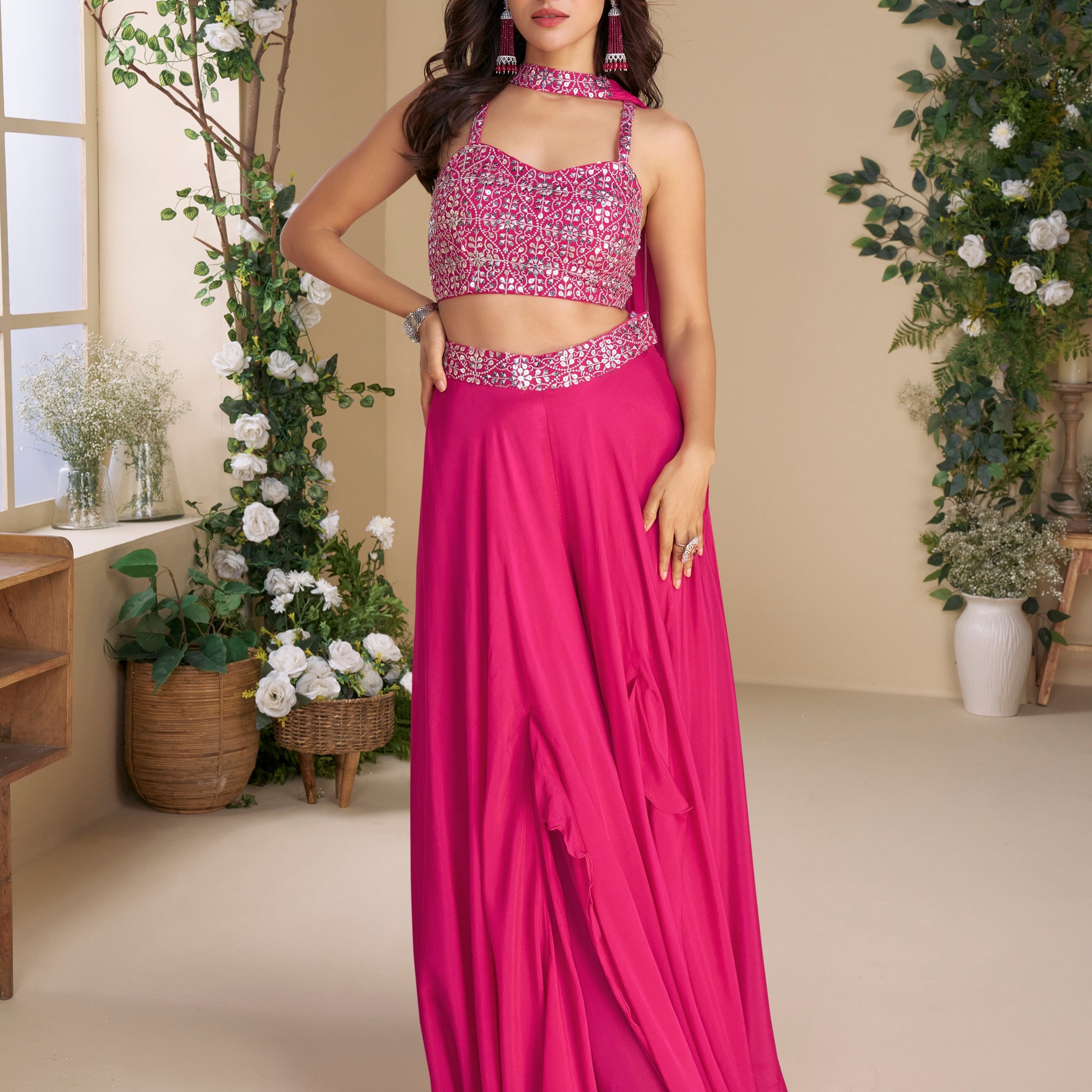 Magenta Palazzo Suit with Mirror and Beads Embroidered Blouse