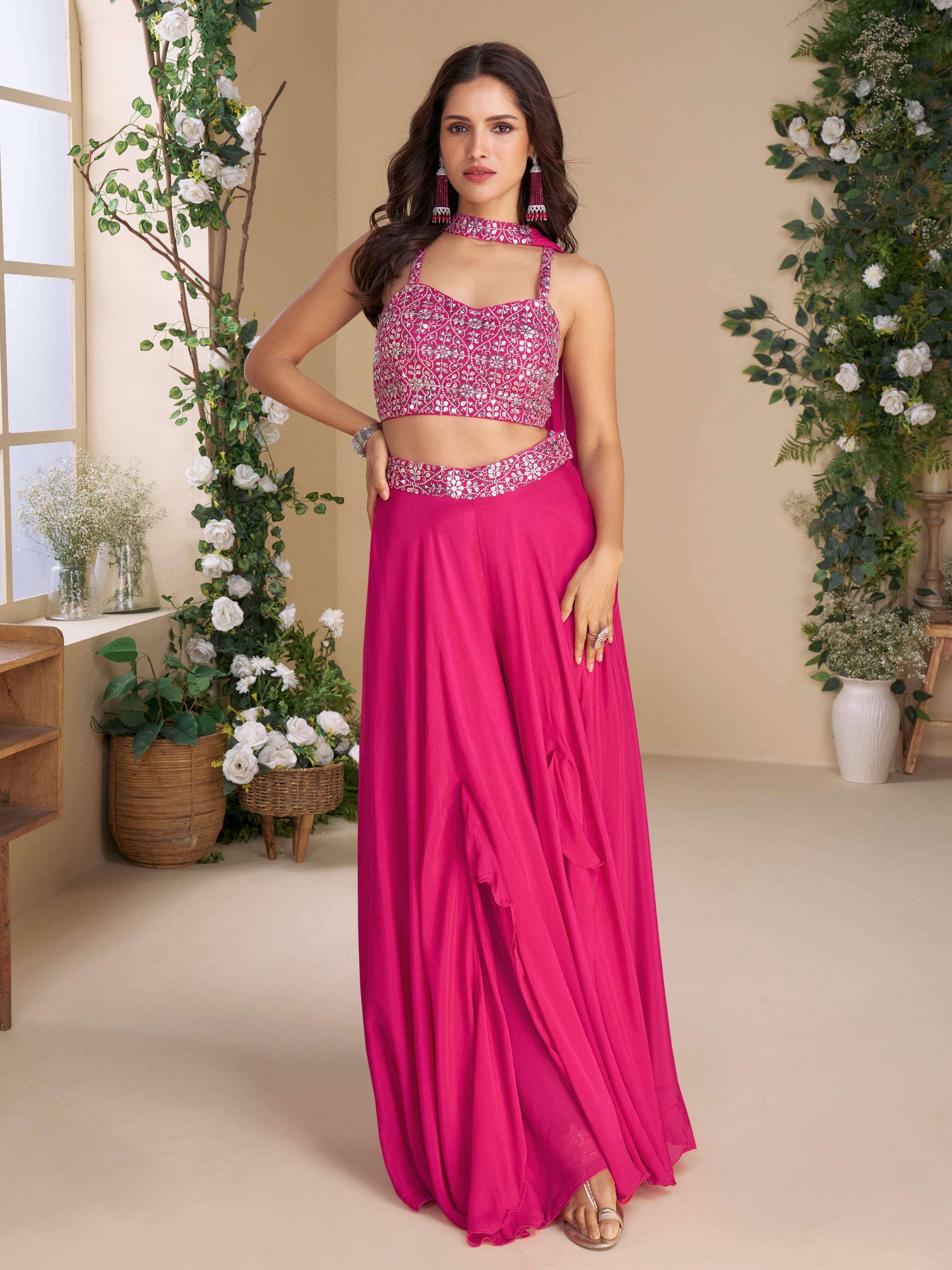 Magenta Palazzo Suit with Mirror and Beads Embroidered Blouse