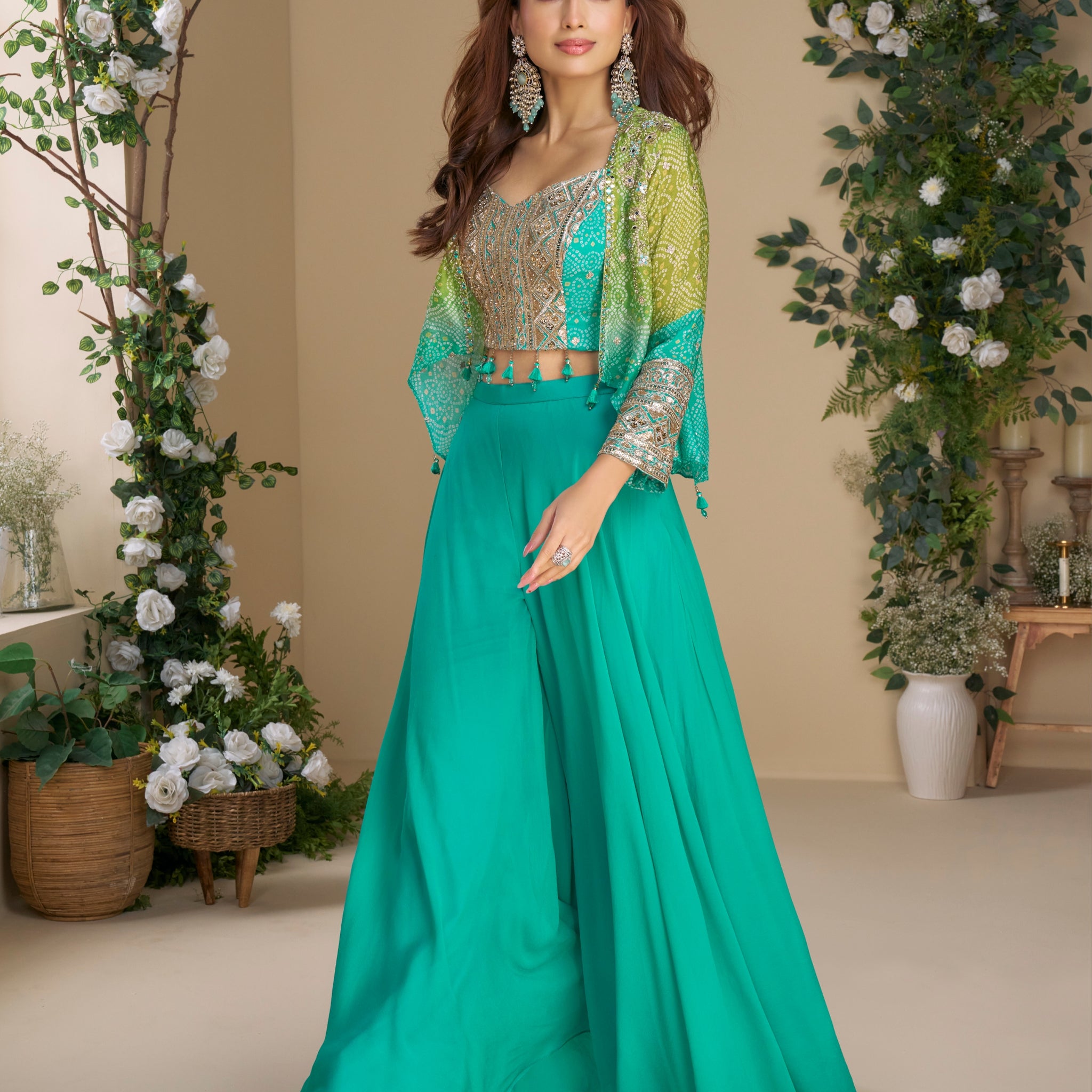 Green Chinon Silk Palazzo Set with Hand Embroidered Blouse