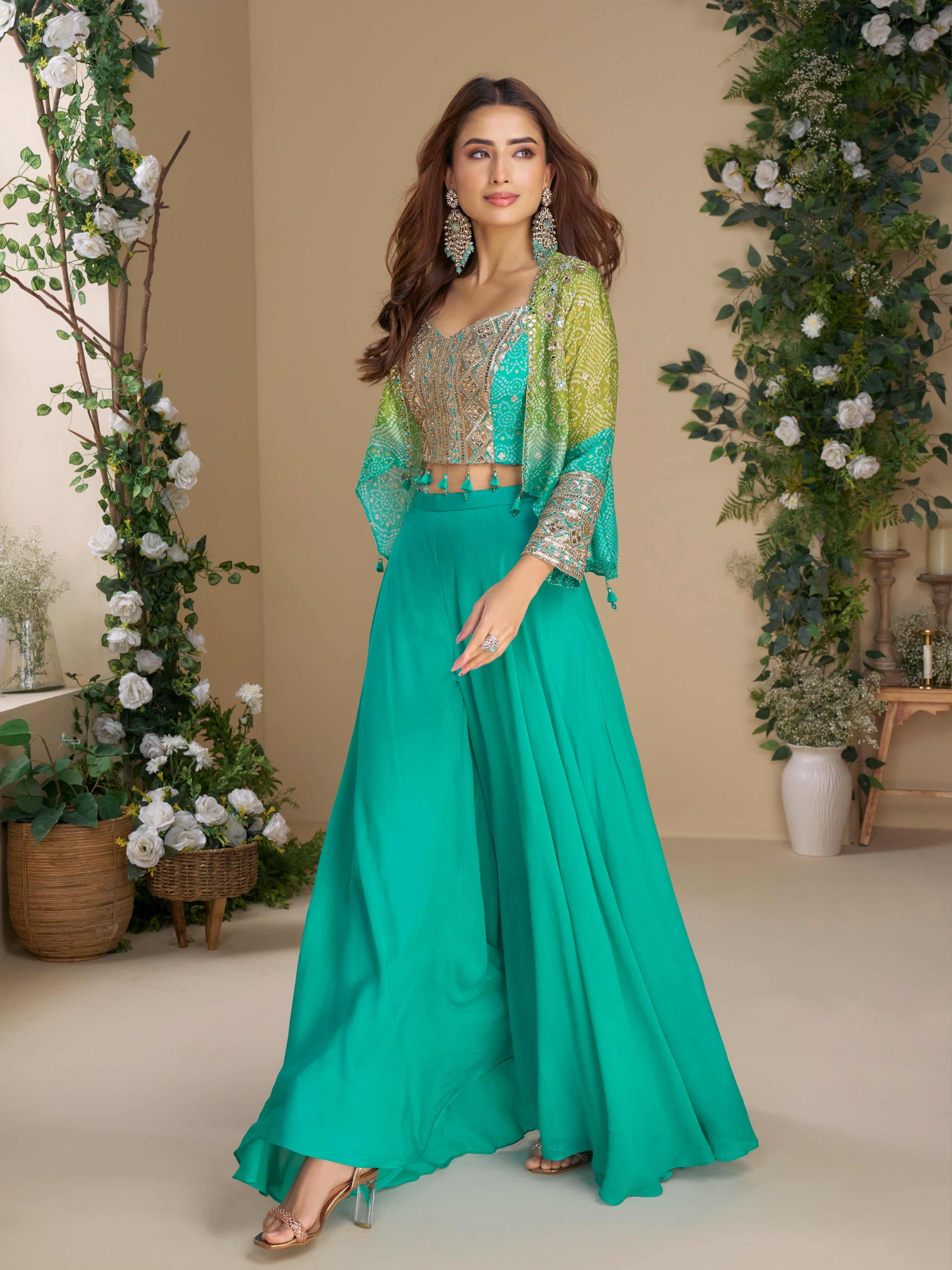 Green Chinon Silk Palazzo Set with Hand Embroidered Blouse