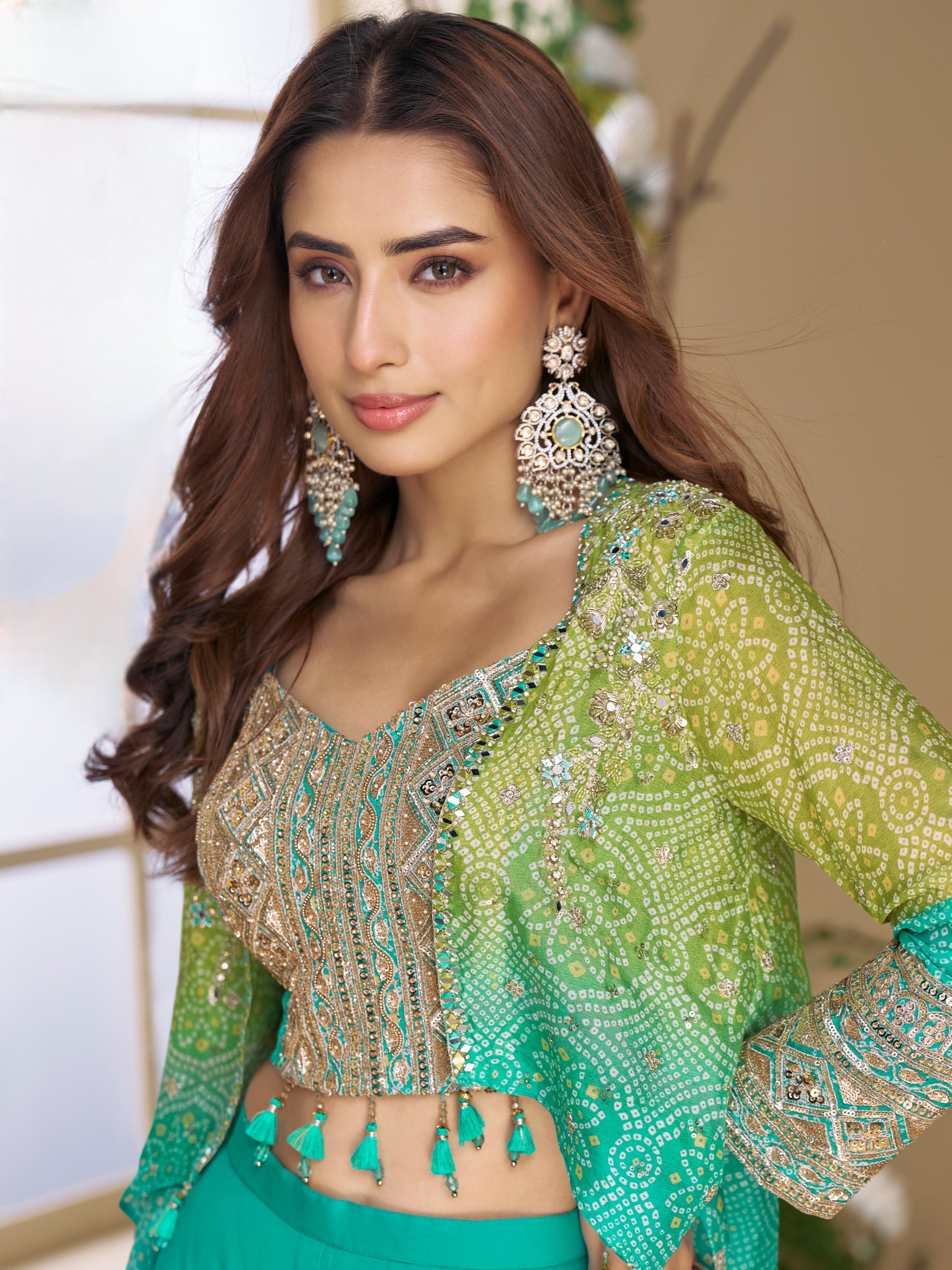 Green Chinon Silk Palazzo Set with Hand Embroidered Blouse