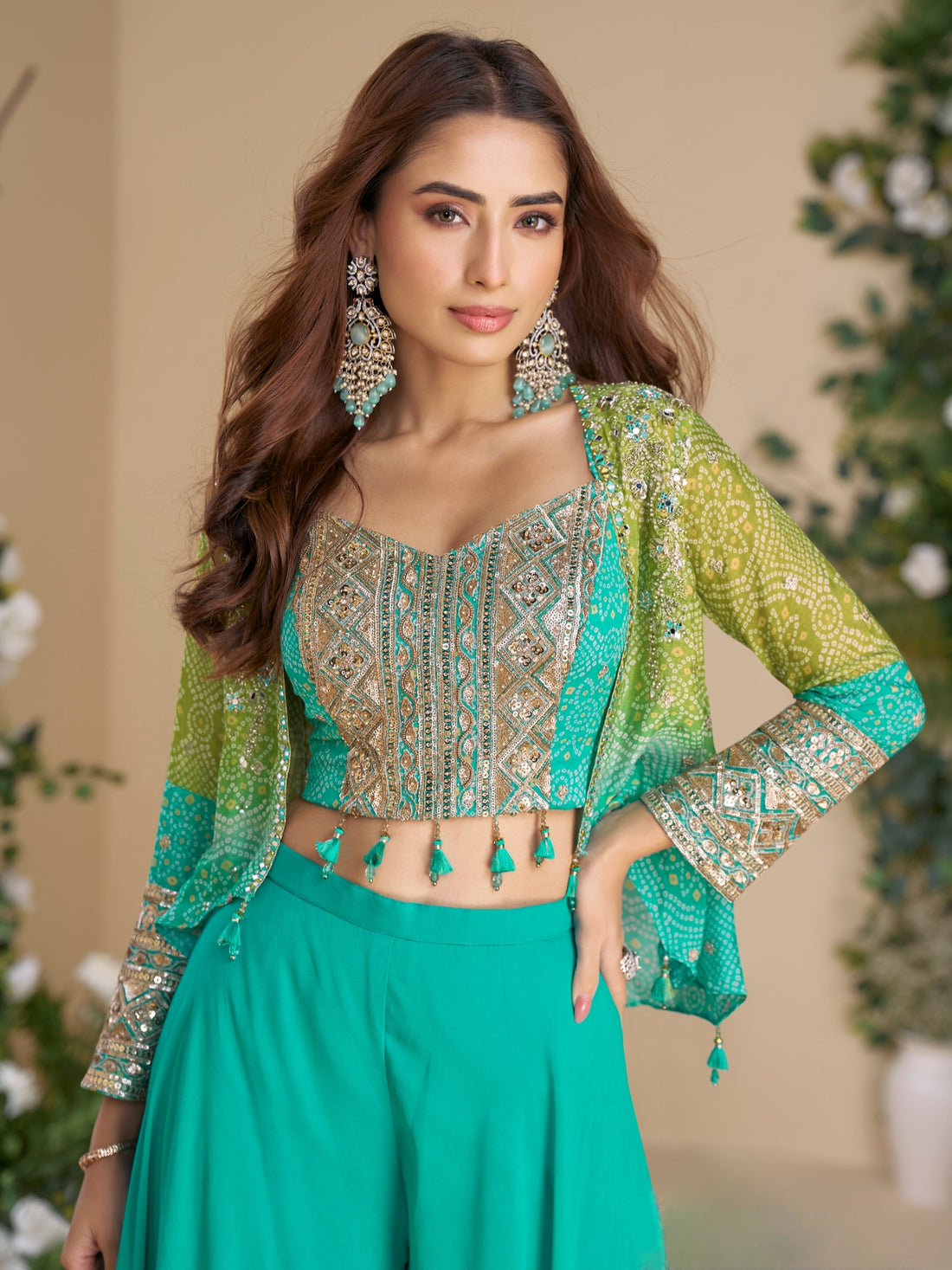 Green Chinon Silk Palazzo Set with Hand Embroidered Blouse