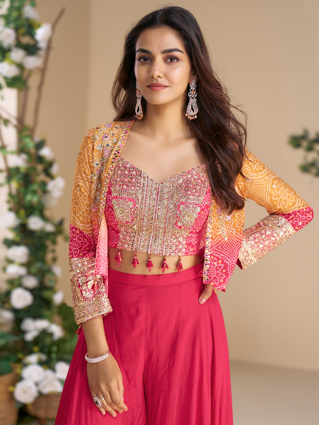 Pink Chinon Silk Palazzo Set with Heavy Hand Embroidered Blouse