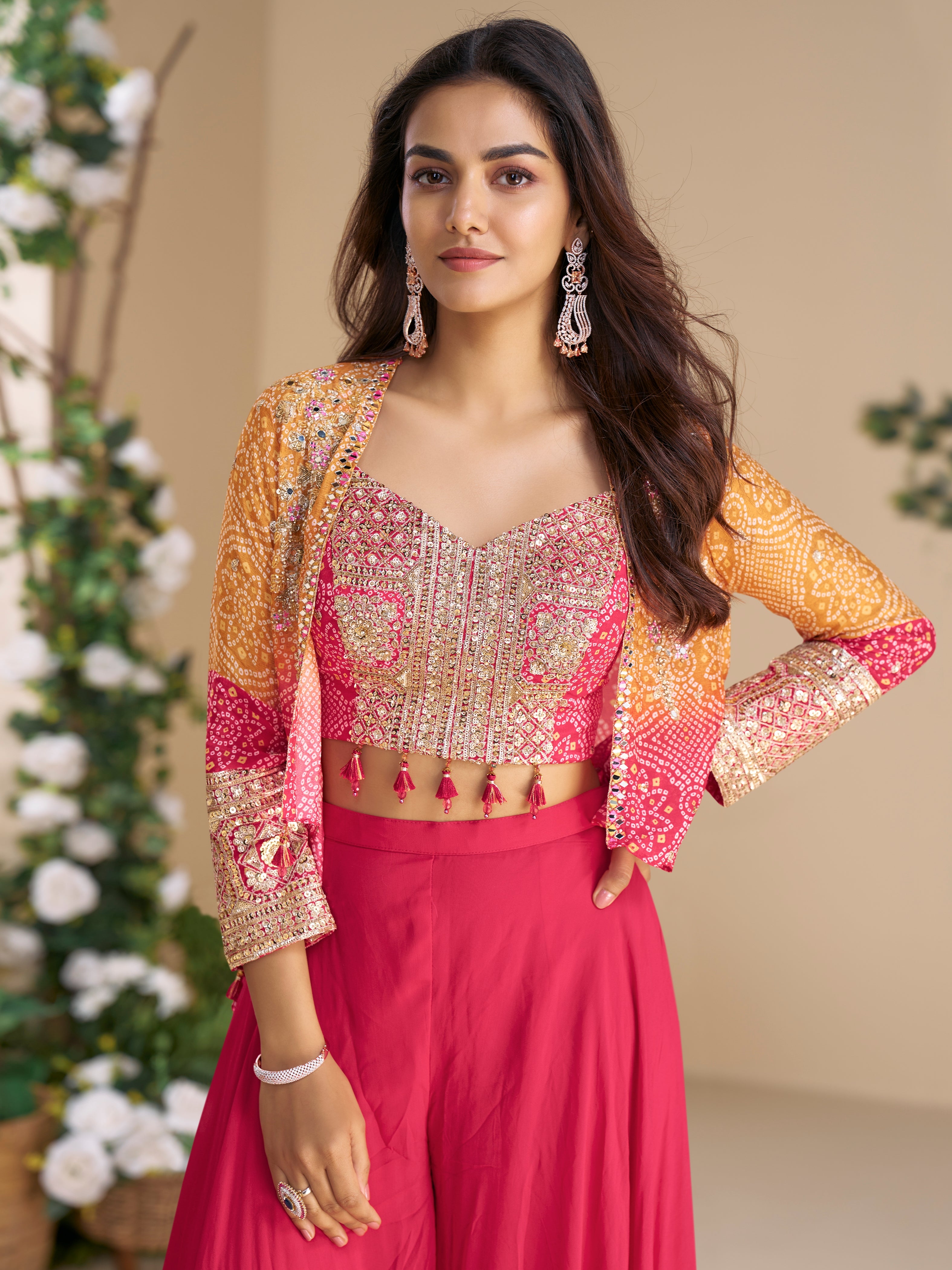 Pink Chinon Silk Palazzo Set with Heavy Hand Embroidered Blouse